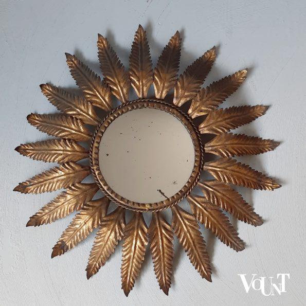 Vuurvergulde metalen sunburst spiegel, jaren '50