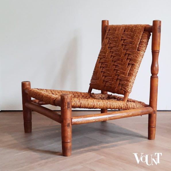 Lage fauteuil hout en touw met voetenbankje, jaren '60/'70