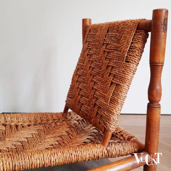 Lage fauteuil hout en touw met voetenbankje, jaren '60/'70