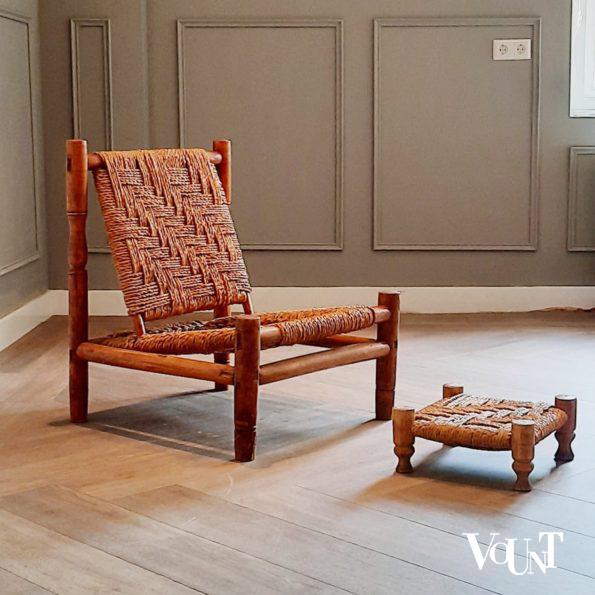 Lage fauteuil hout en touw met voetenbankje, jaren '60/'70