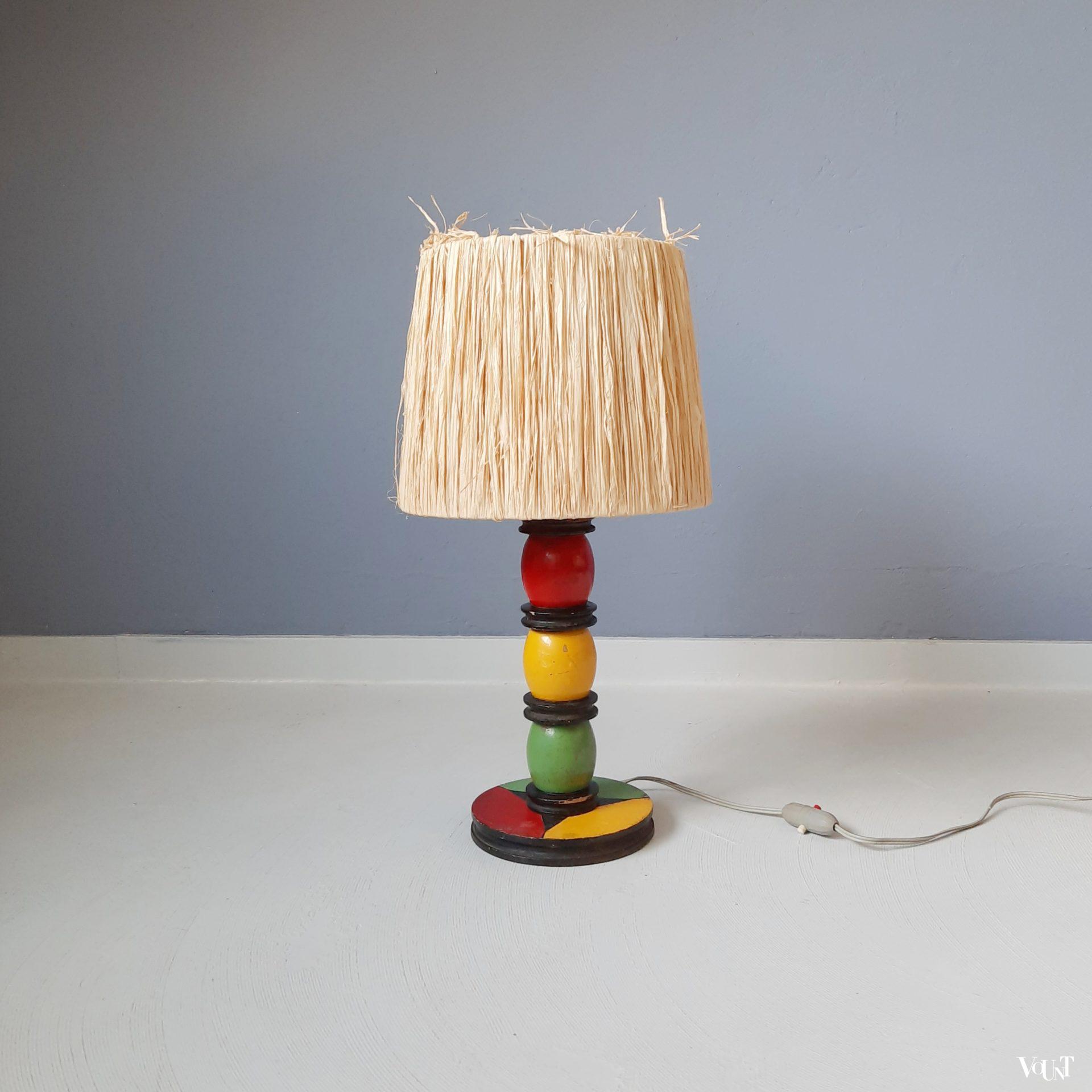 Modernistisch Frans tafellampje met raffia-kap, jaren '50