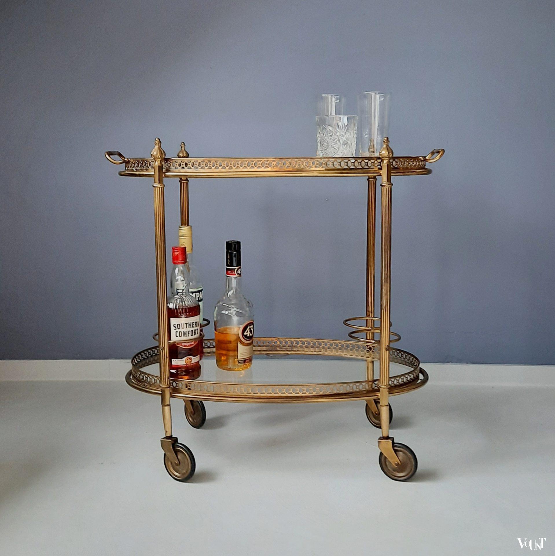 Ovale messing trolley / bar cart met glasplaten, jaren '60