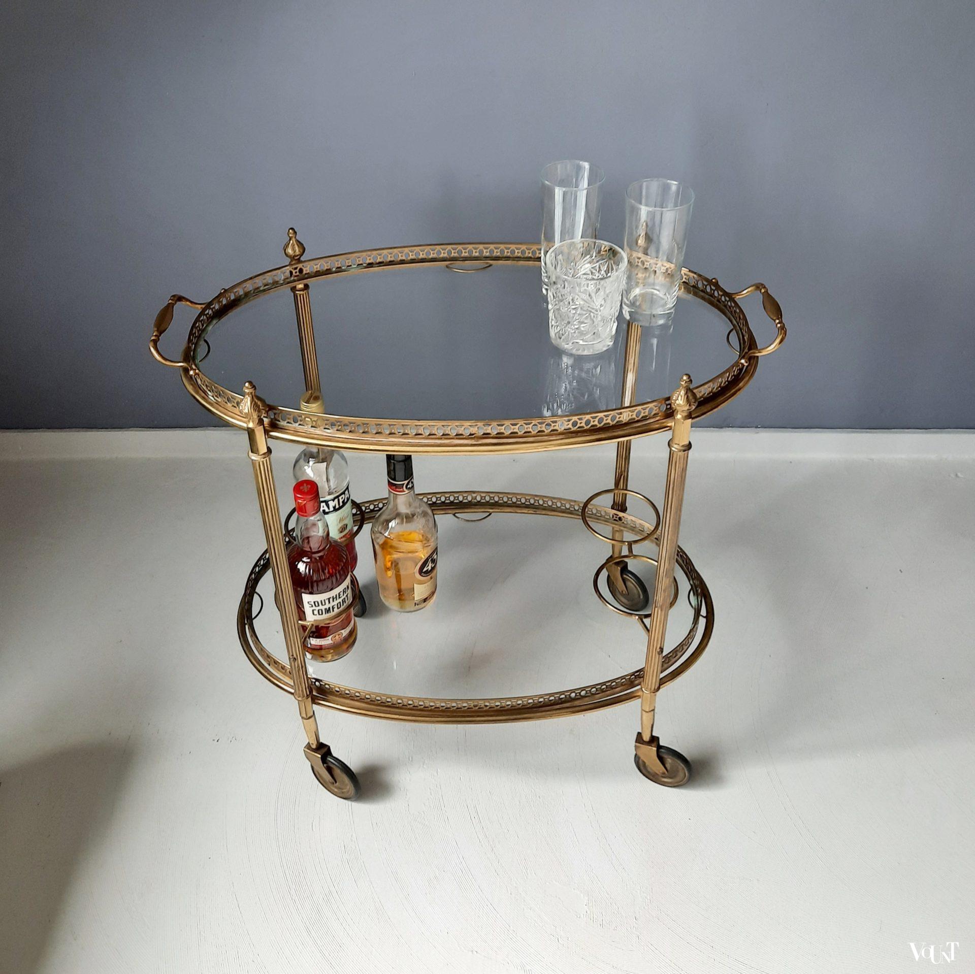 Ovale messing trolley / bar cart met glasplaten, jaren '60