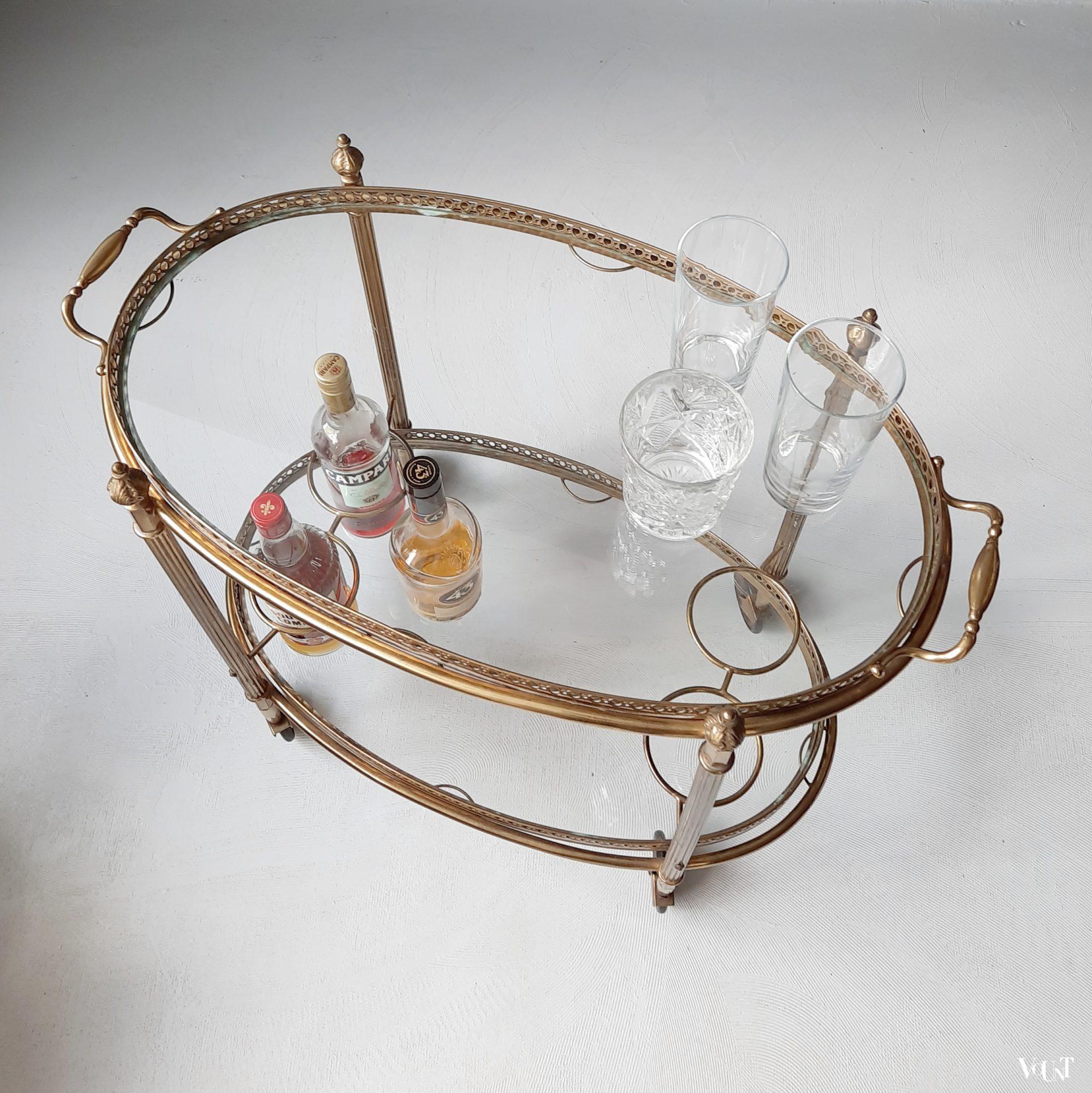 Ovale messing trolley / bar cart met glasplaten, jaren '60