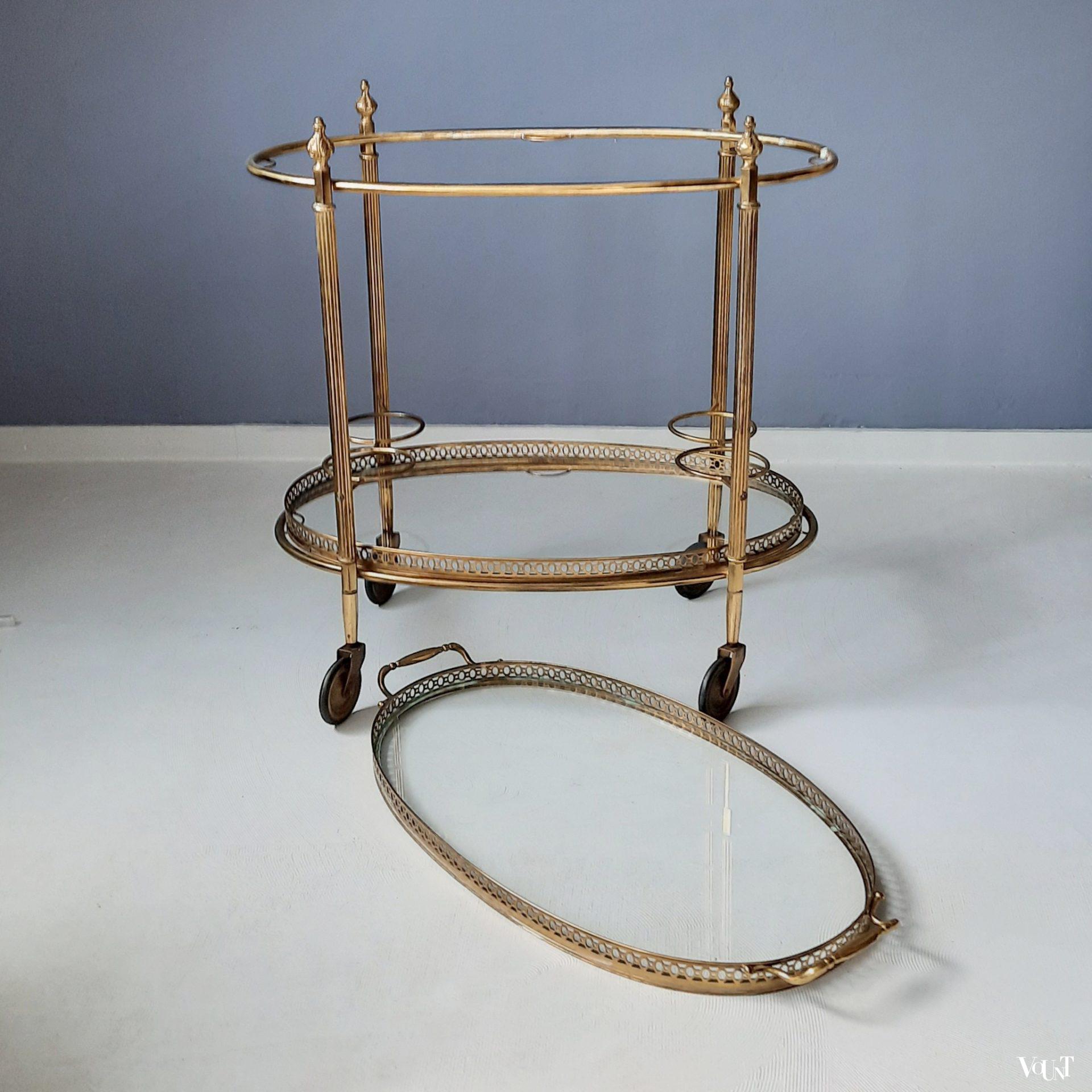 Ovale messing trolley / bar cart met glasplaten, jaren '60