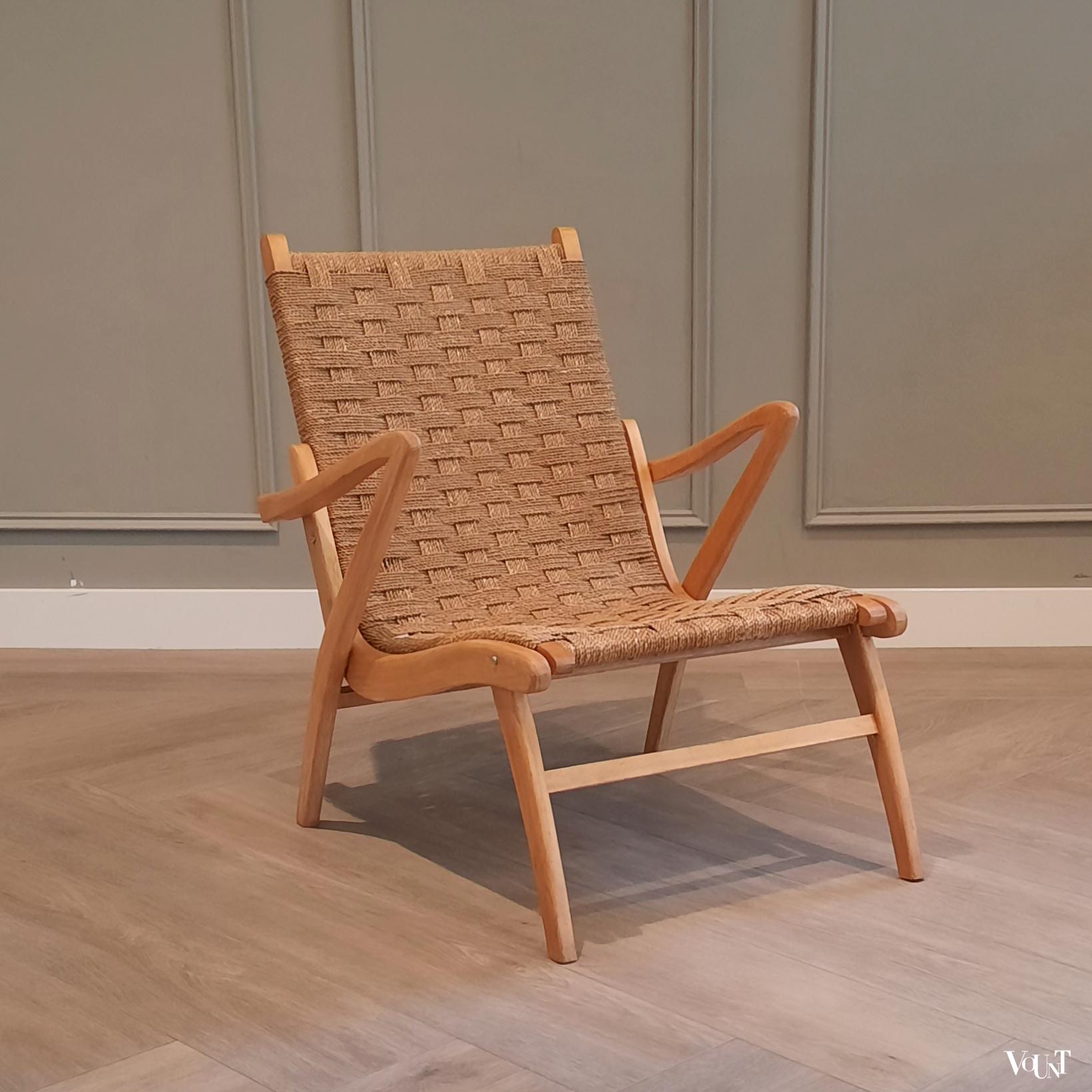 Fauteuil hout met touw, jaren '40 / '50