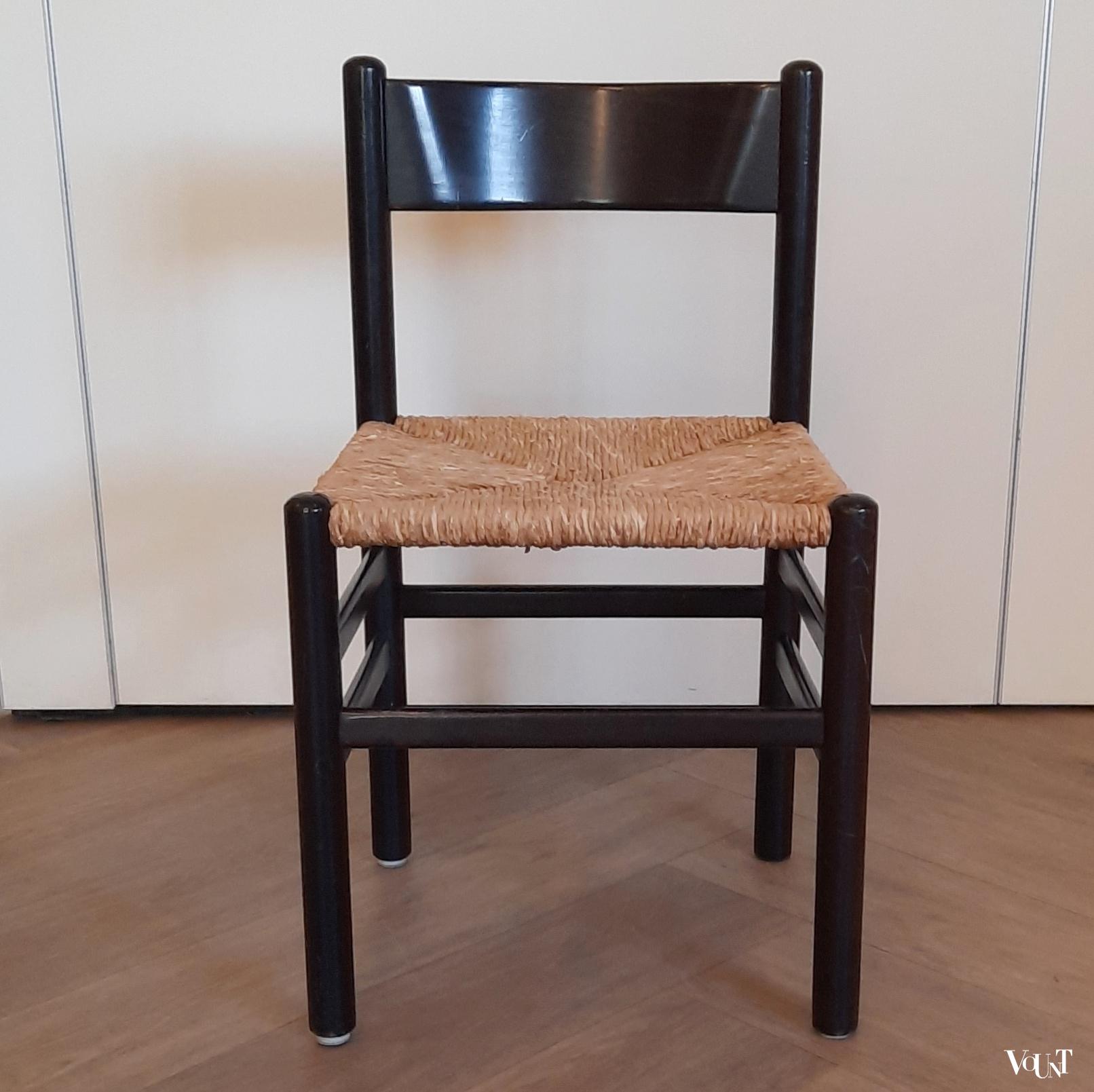 Set van 4 vintage zwarte eettafelstoelen met biezen zittingen, jaren '60/'70