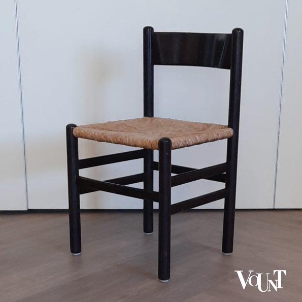 Set van 4 vintage zwarte eettafelstoelen met biezen zittingen, jaren '60/'70