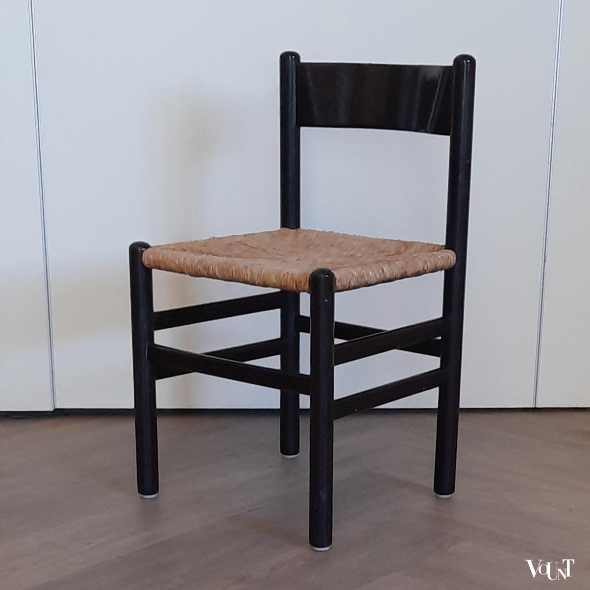 Set van 4 vintage zwarte eettafelstoelen met biezen zittingen, jaren '60/'70