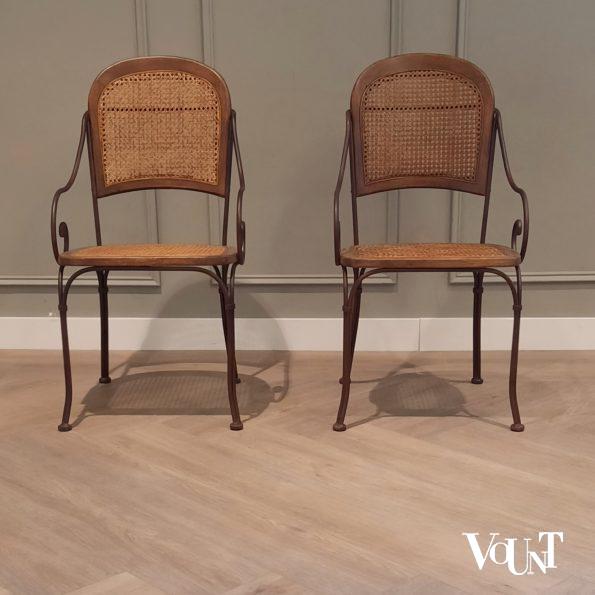 Vintage terras-/serrestoelen stafstaal, hout en rotan, Drexel Heritage Furnishing