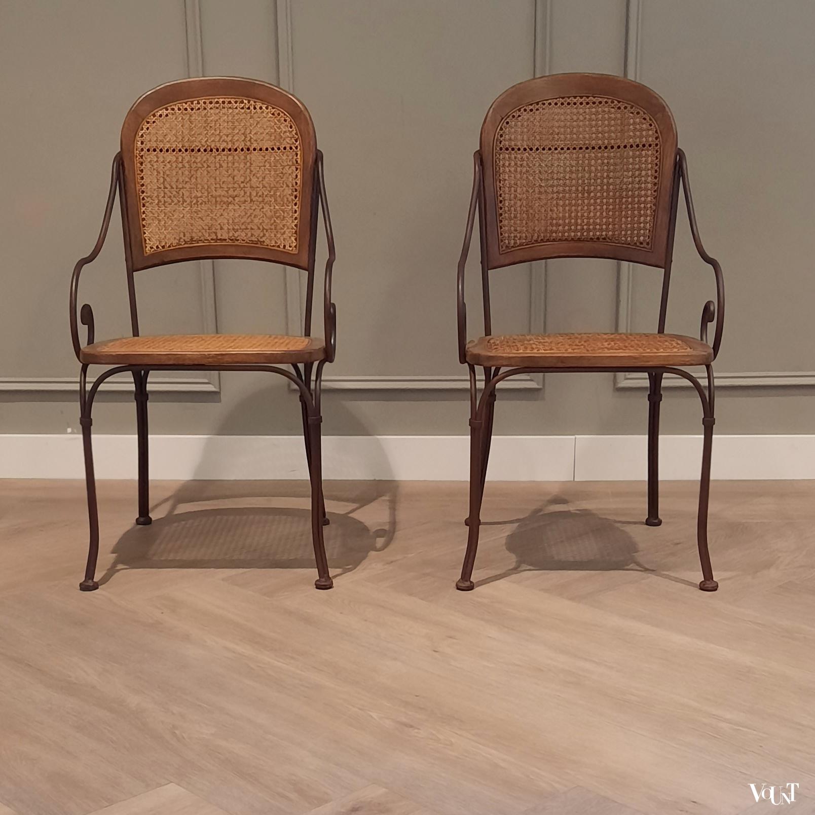 Vintage terras-/serrestoelen stafstaal, hout en rotan, Drexel Heritage Furnishing