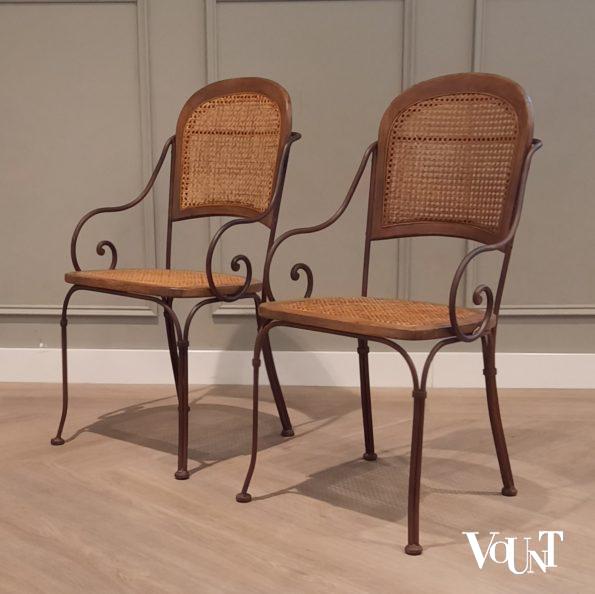 Vintage terras-/serrestoelen stafstaal, hout en rotan, Drexel Heritage Furnishing