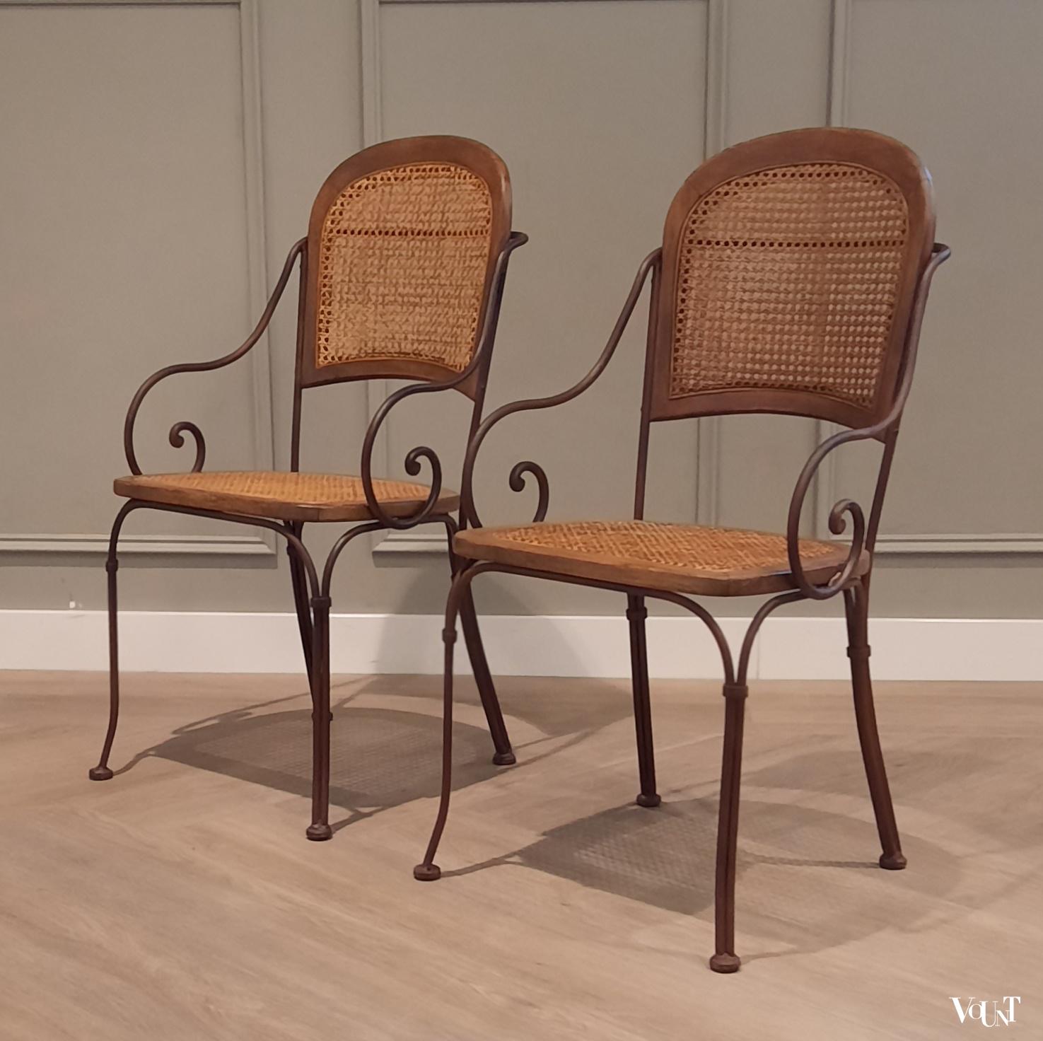 Vintage terras-/serrestoelen stafstaal, hout en rotan, Drexel Heritage Furnishing