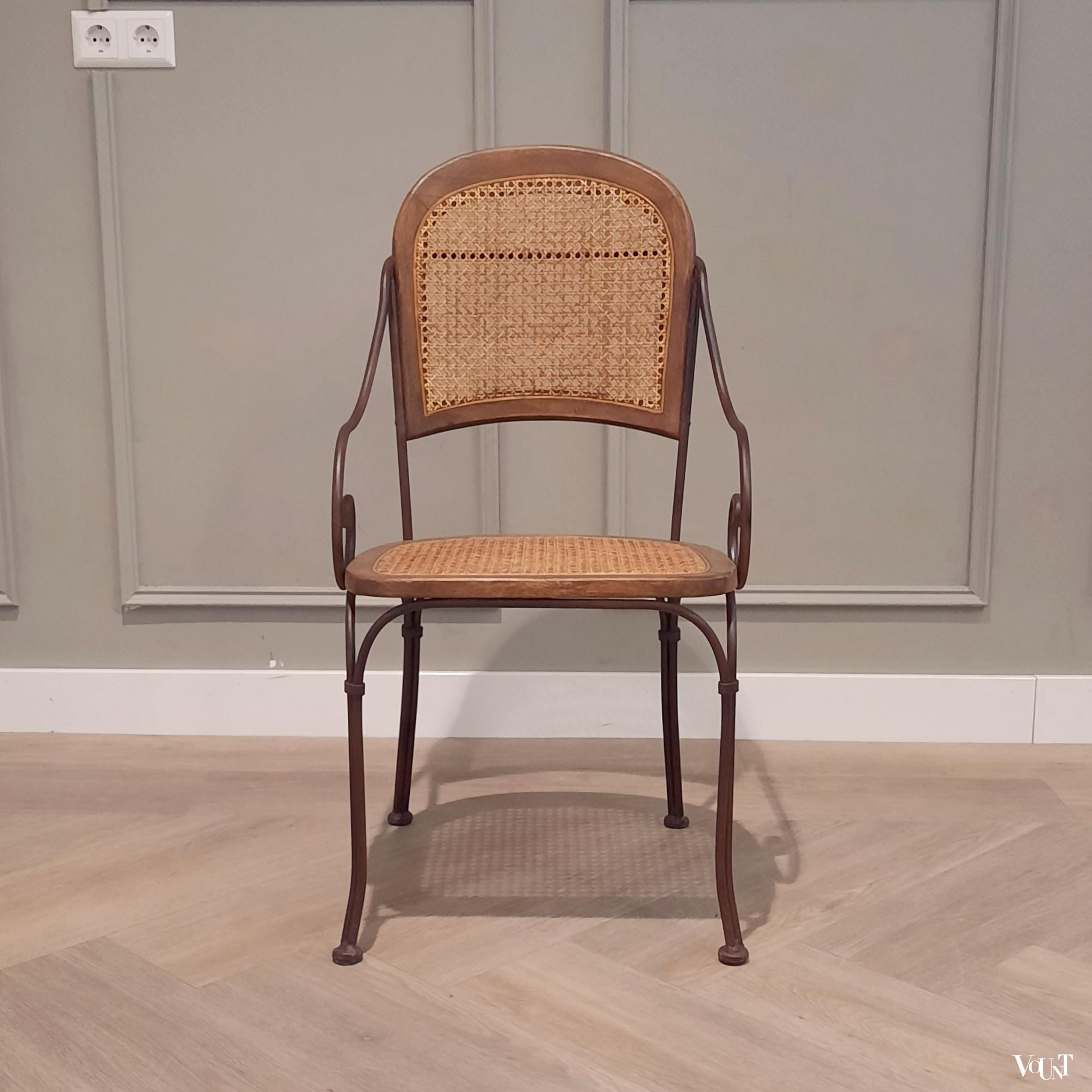 Vintage terras-/serrestoelen stafstaal, hout en rotan, Drexel Heritage Furnishing
