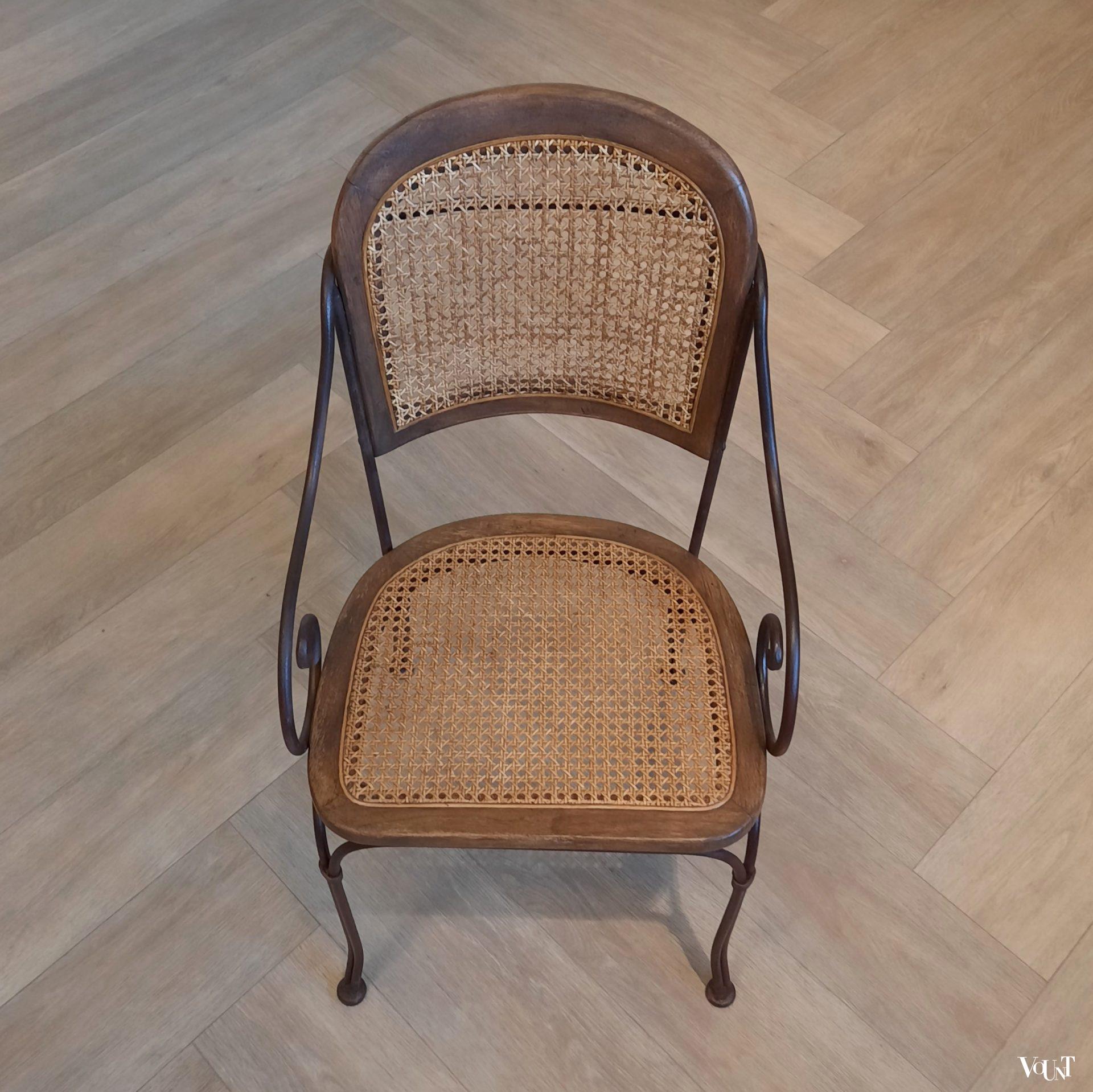 Vintage terras-/serrestoelen stafstaal, hout en rotan, Drexel Heritage Furnishing