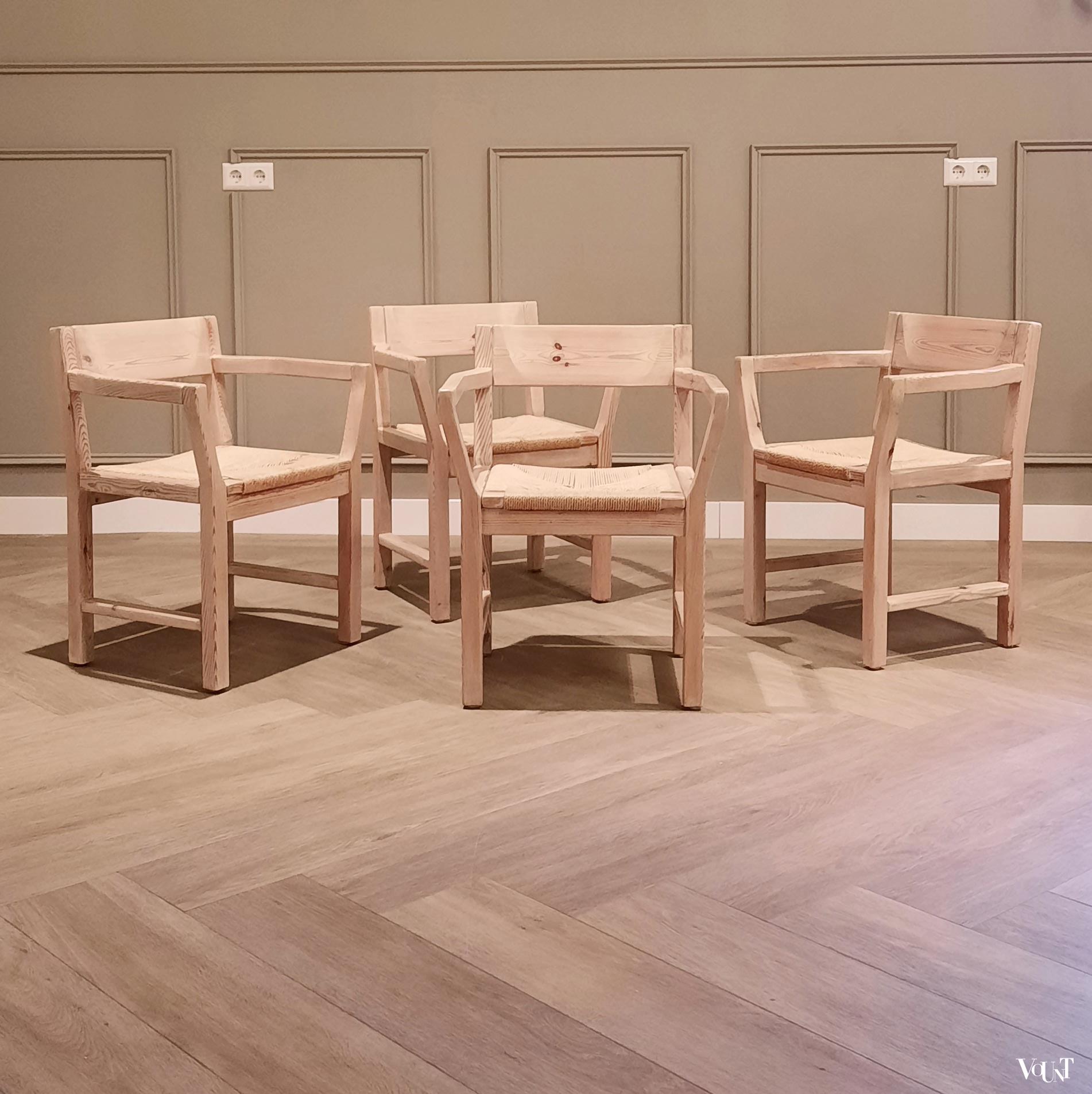 Set van 4 grenen stoelen met papercord zitting, Tage Poulsen voor Gramrode, jaren '70