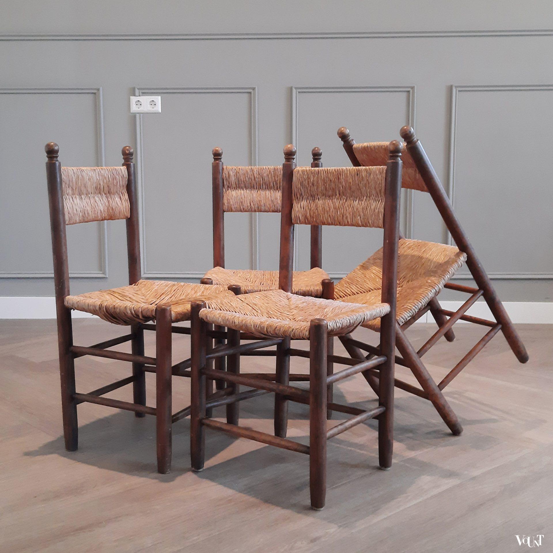 Set van 4 houten stoeltjes met biezen, jaren '50