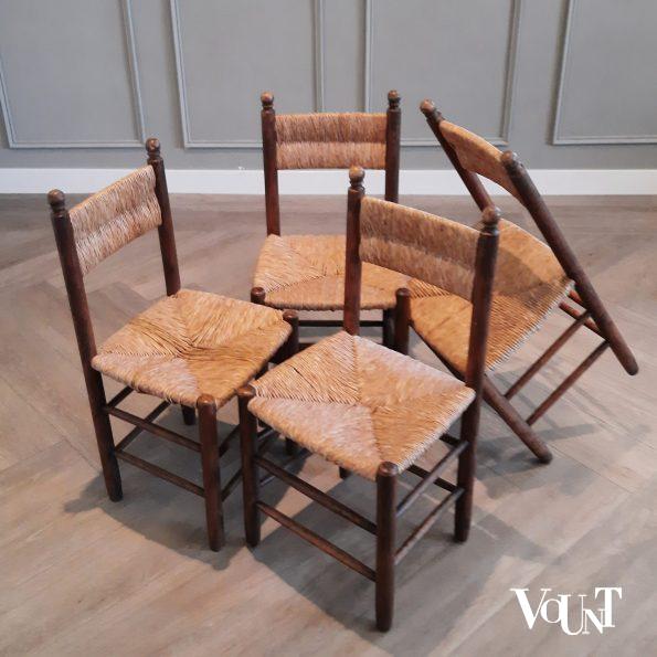 Set van 4 houten stoeltjes met biezen, jaren '50
