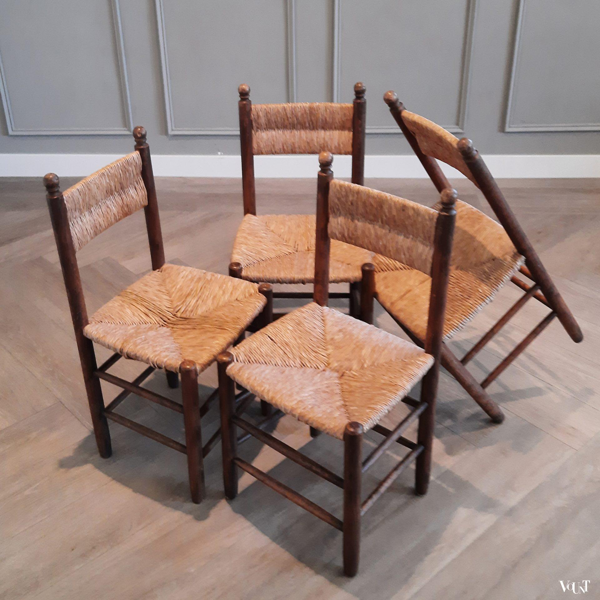 Set van 4 houten stoeltjes met biezen, jaren '50