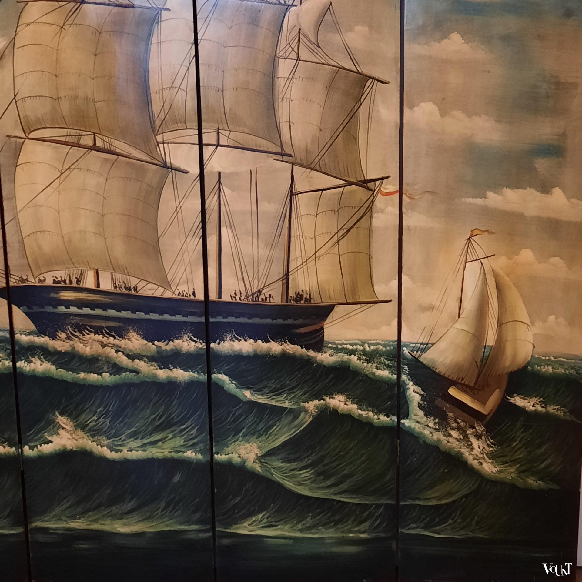 Vintage vierslags handbeschilderd kamerscherm zeegezicht, ca. jaren '50