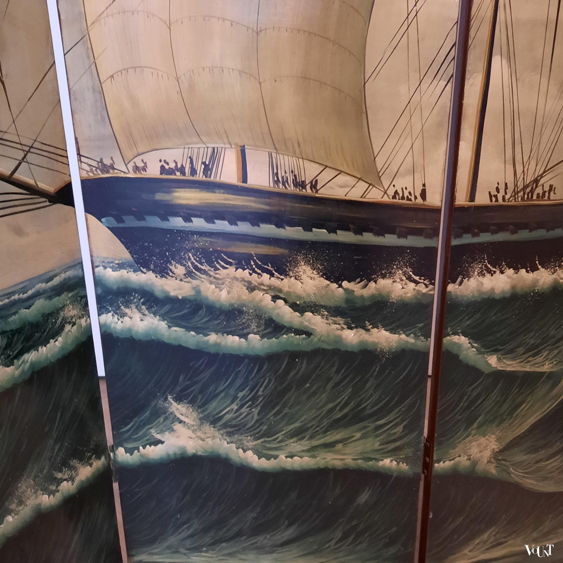 Vintage vierslags handbeschilderd kamerscherm zeegezicht, ca. jaren '50