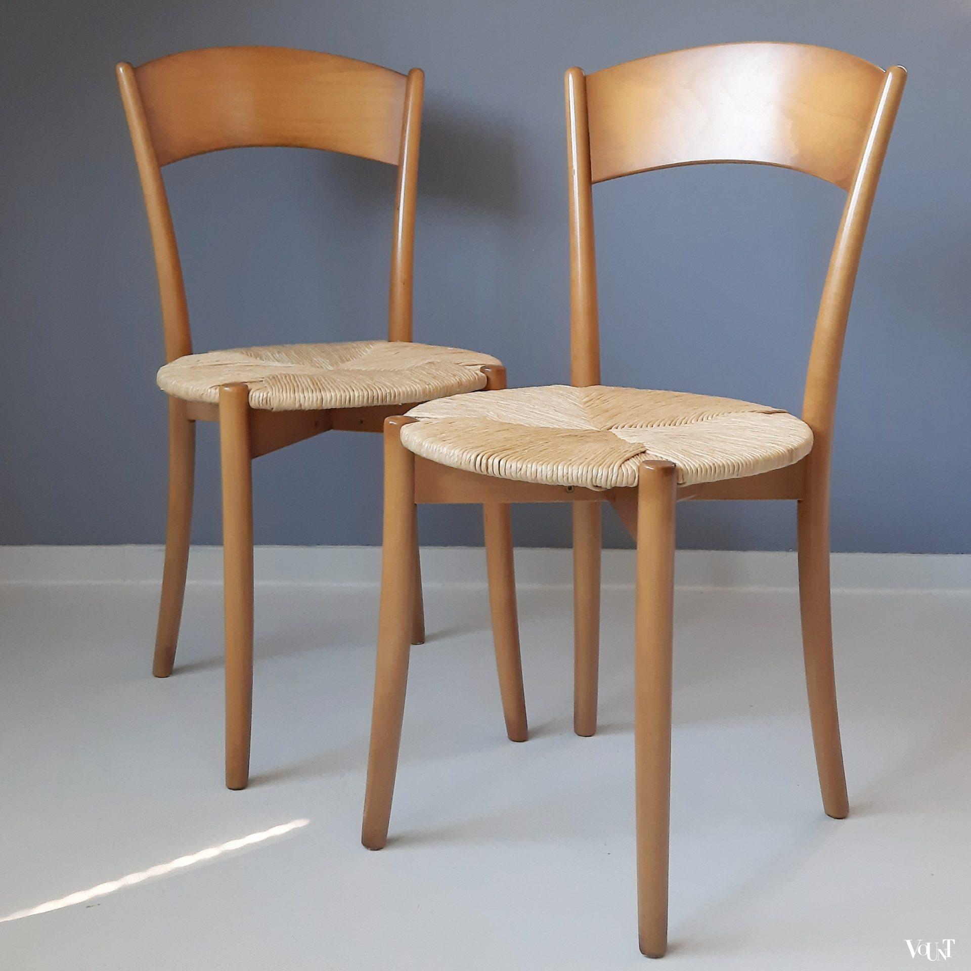 Set van 2 Italiaanse stoeltjes met ronde biezen zitting, jaren '90