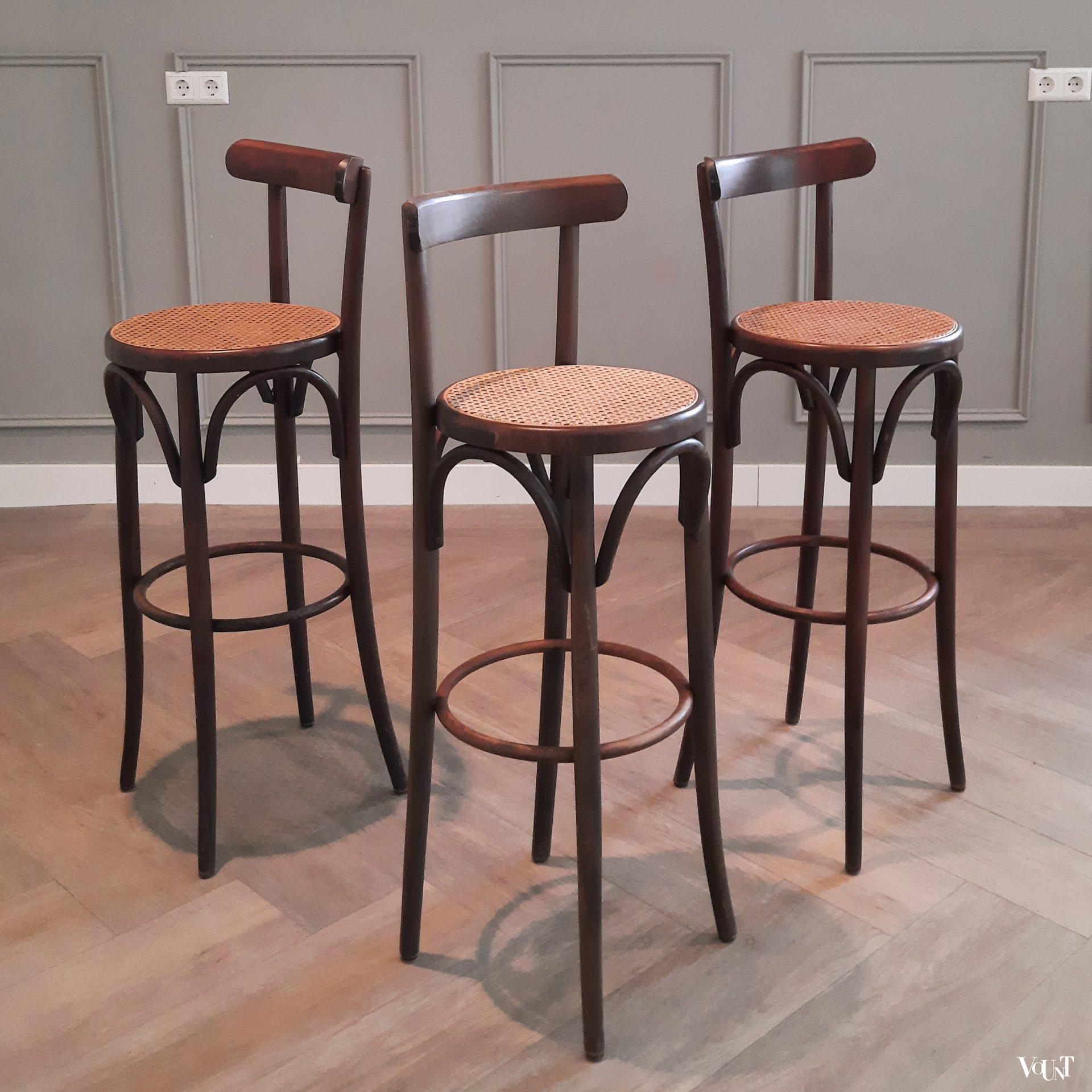 Set van 3 bentwood barkrukken met rotan zitting, jaren '70/'80