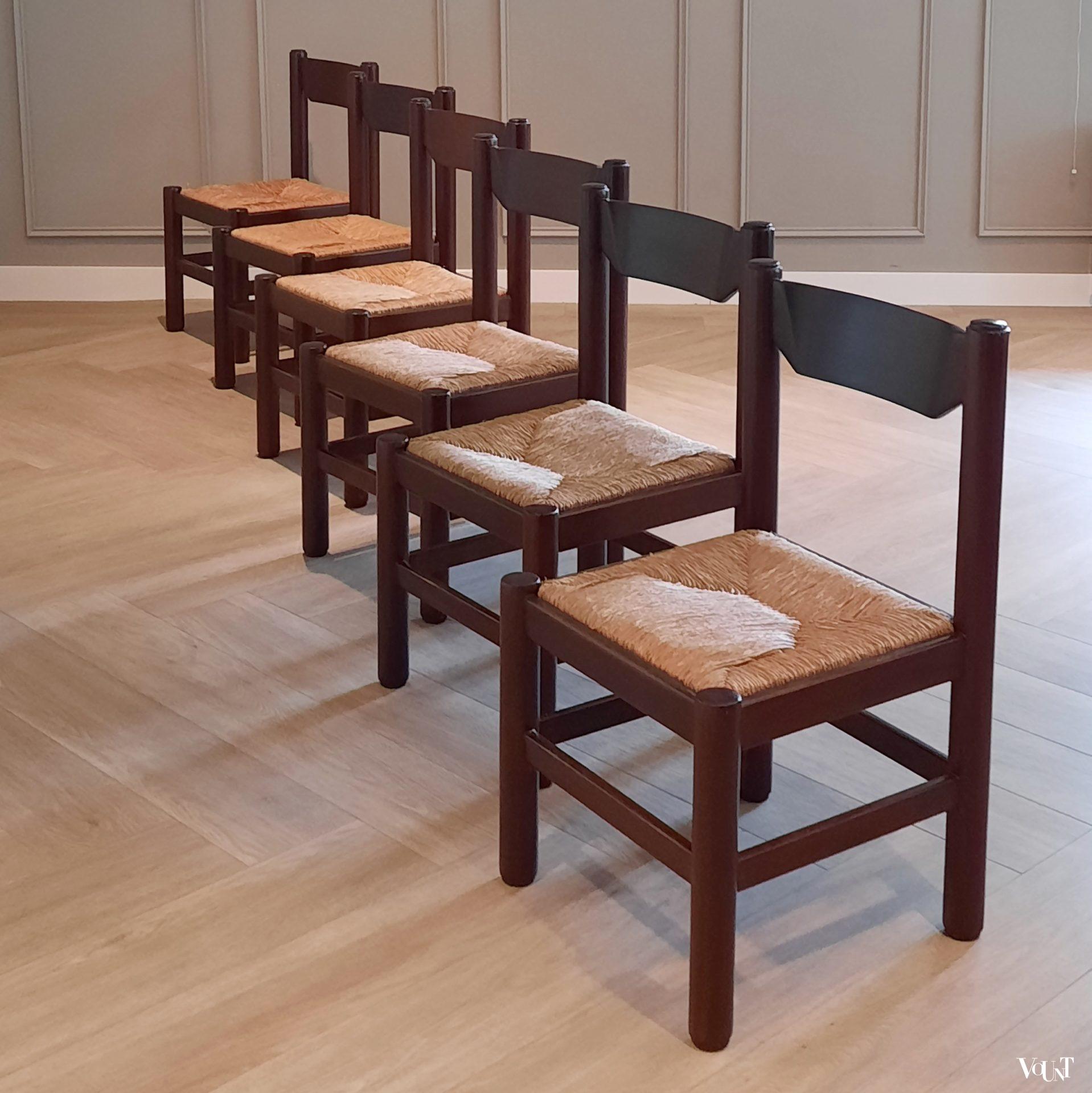 Set van 6 houten 70s stoelen met biezen zitting