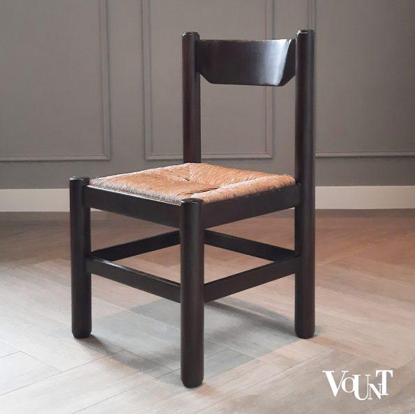 Set van 6 houten 70s stoelen met biezen zitting