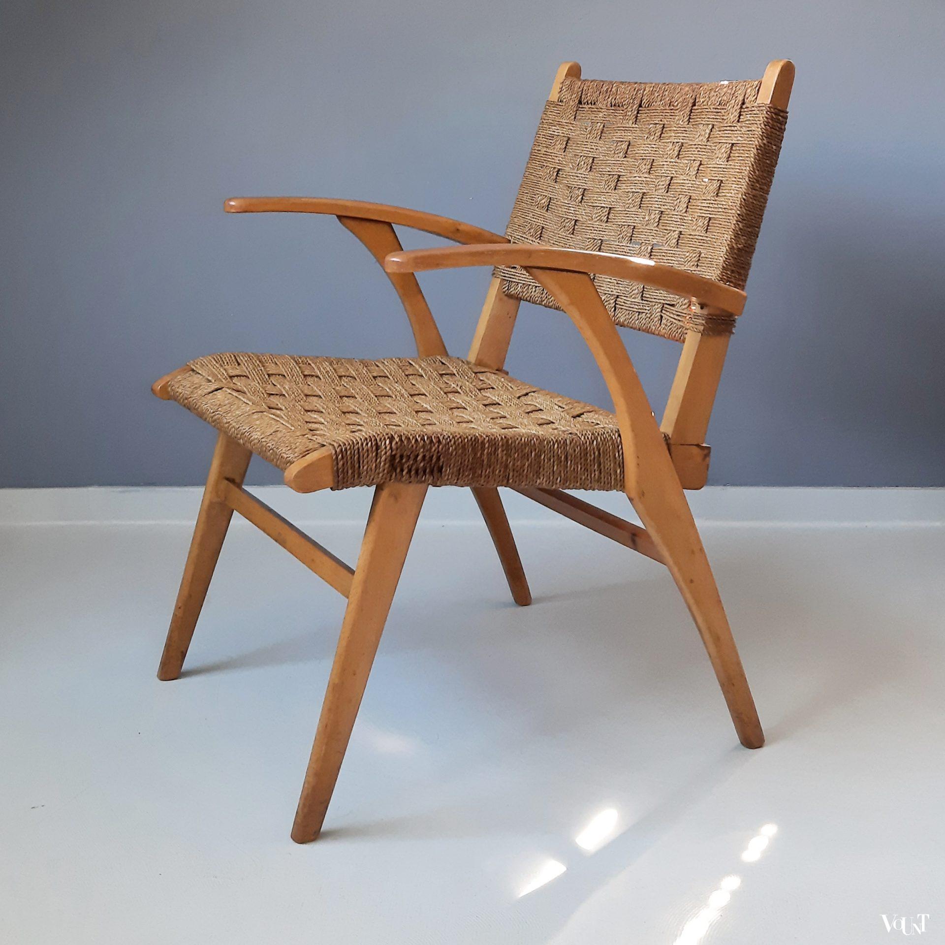 Fauteuil hout en touw, jaren '50/'60