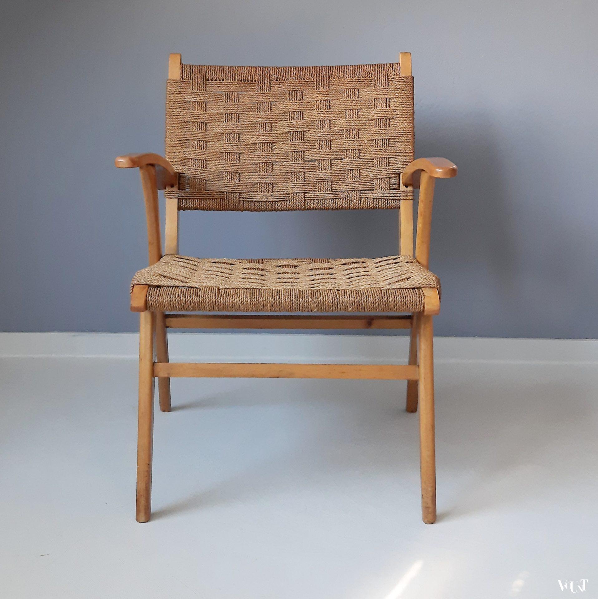 Fauteuil hout en touw, jaren '50/'60