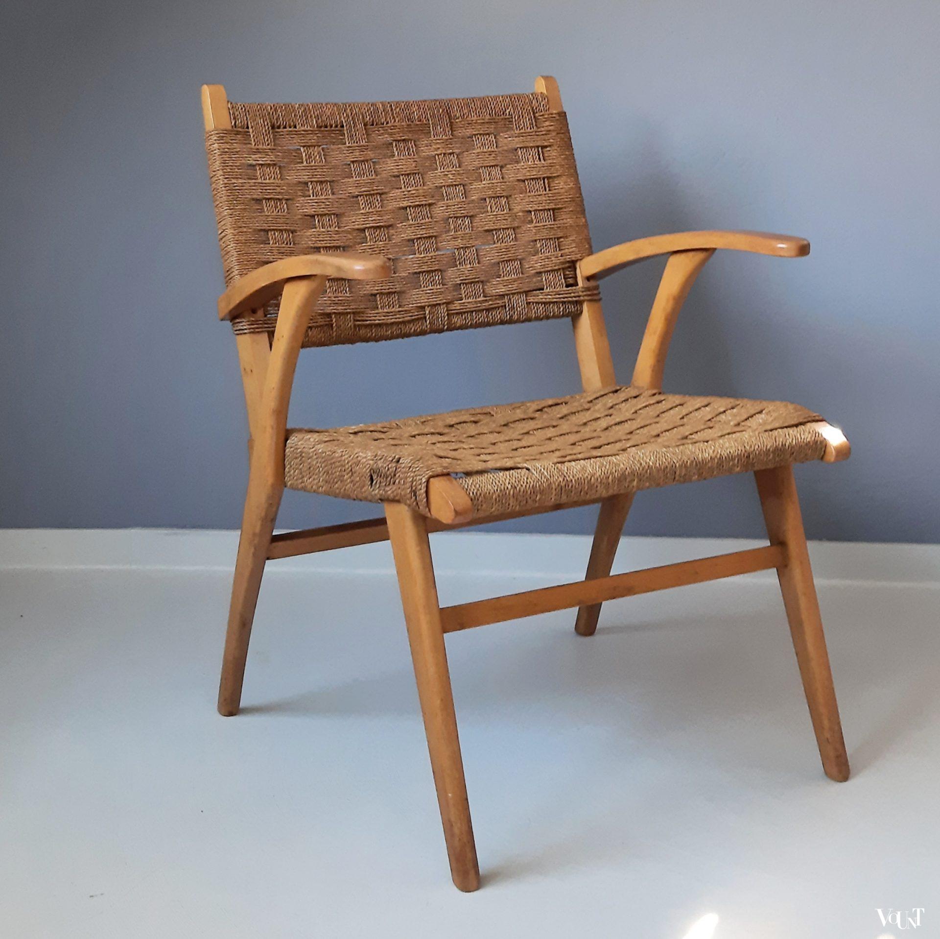 Fauteuil hout en touw, jaren '50/'60