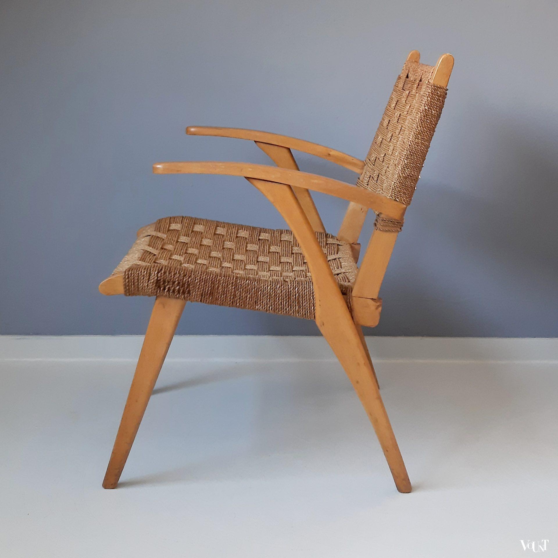 Fauteuil hout en touw, jaren '50/'60