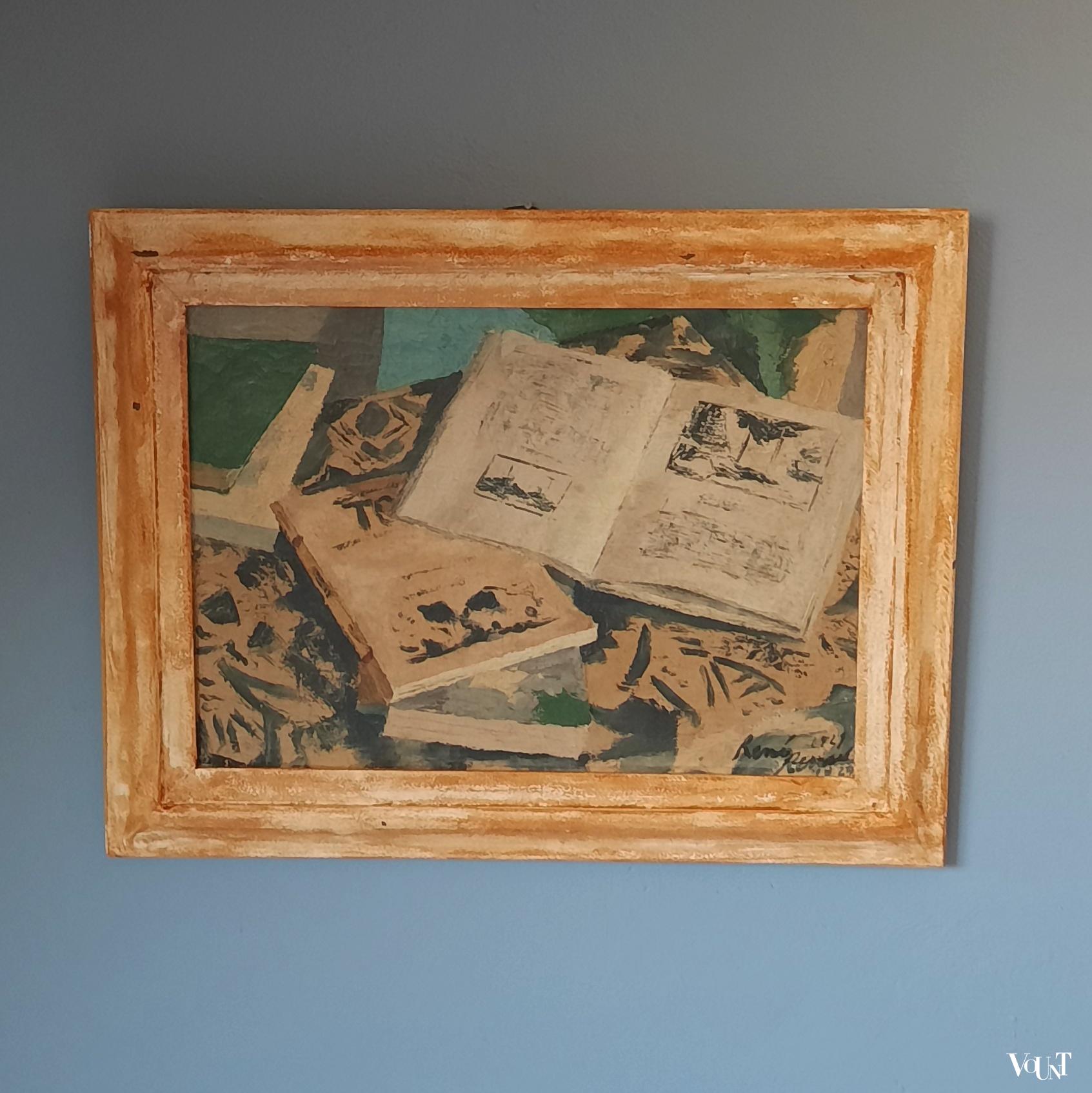 Schilderij stilleven met boeken, René Renaud, 1929