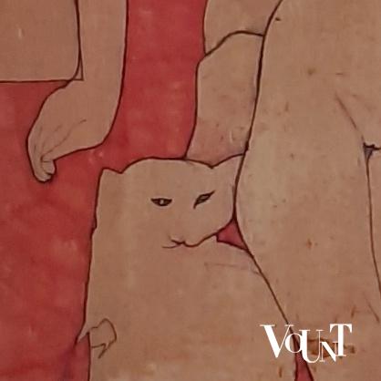 Jaren '70 schilderij vrouw met kat en vogel, Ilana 1976