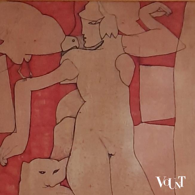 Jaren '70 schilderij vrouw met kat en vogel, Ilana 1976