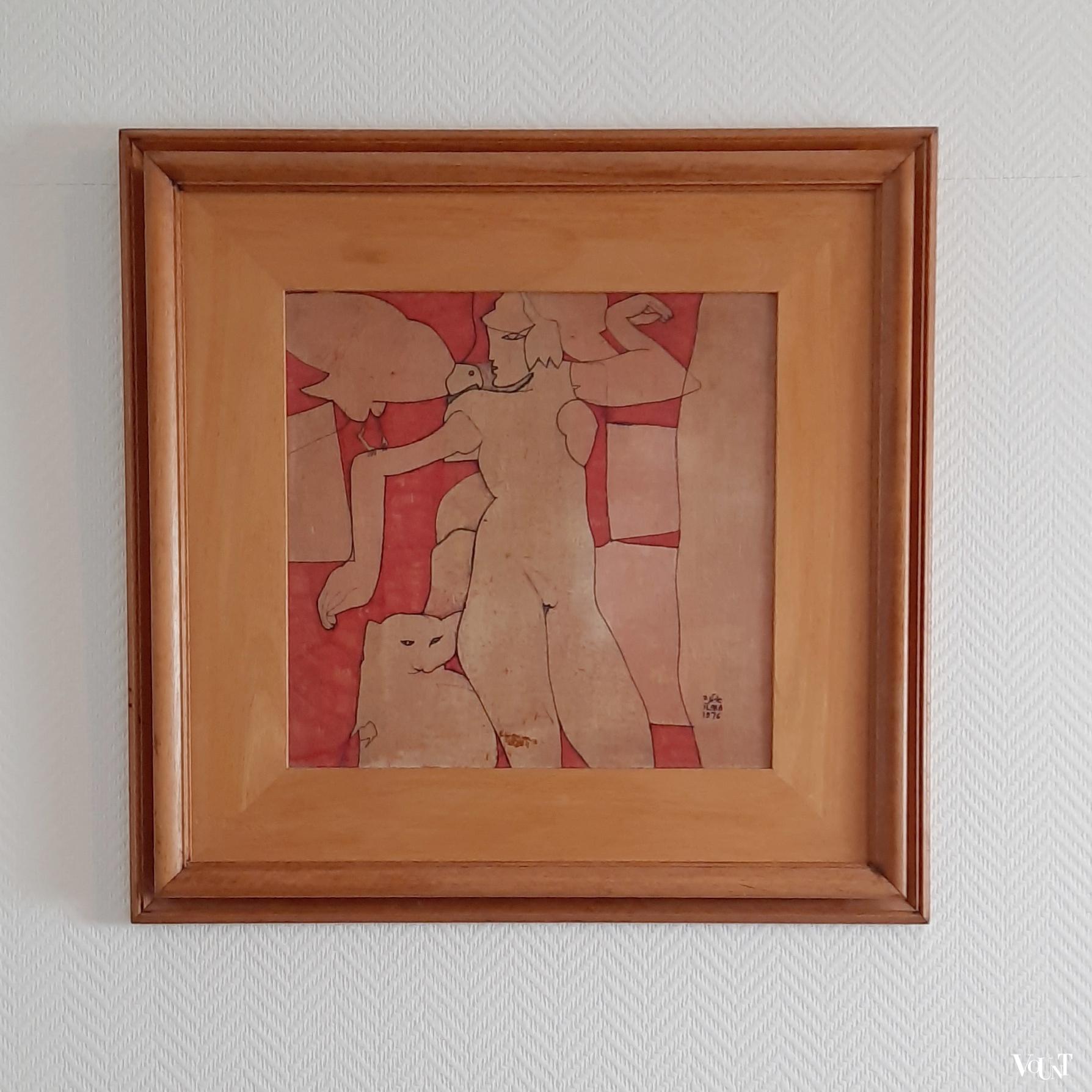Jaren '70 schilderij vrouw met kat en vogel, Ilana 1976