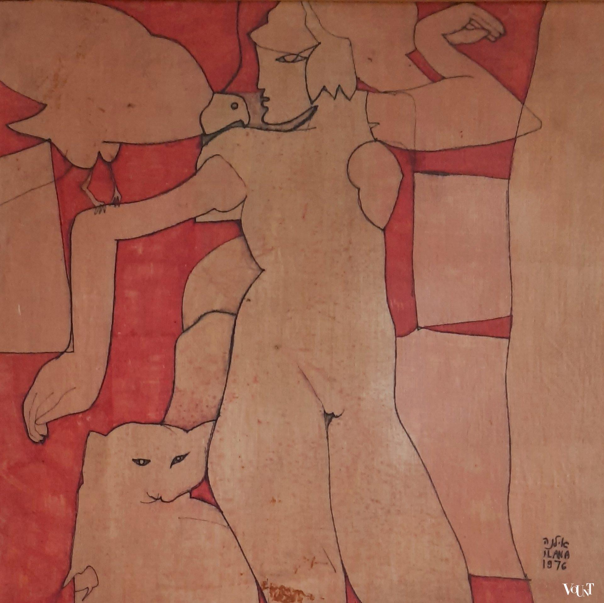 Jaren '70 schilderij vrouw met kat en vogel, Ilana 1976