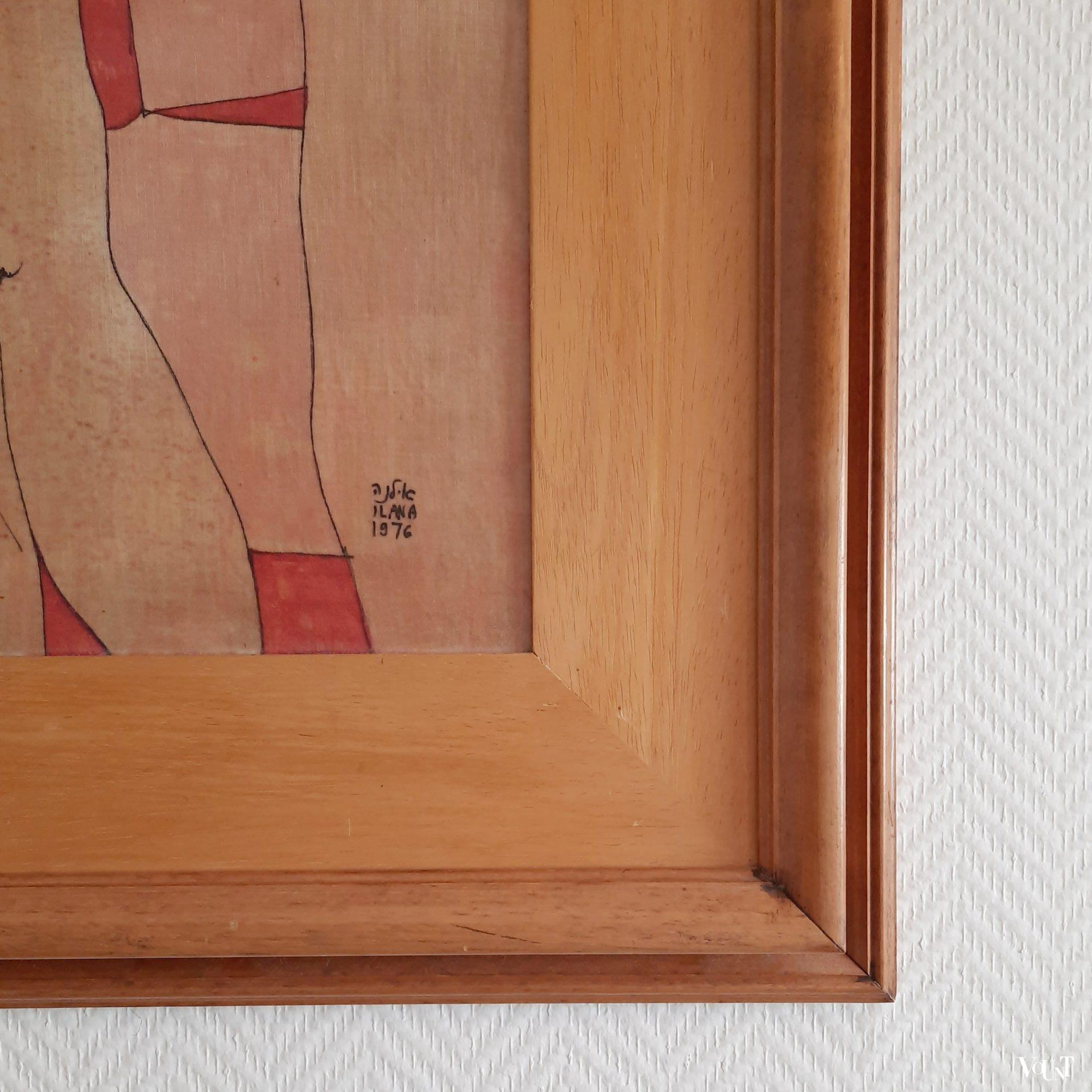 Jaren '70 schilderij vrouw met kat en vogel, Ilana 1976