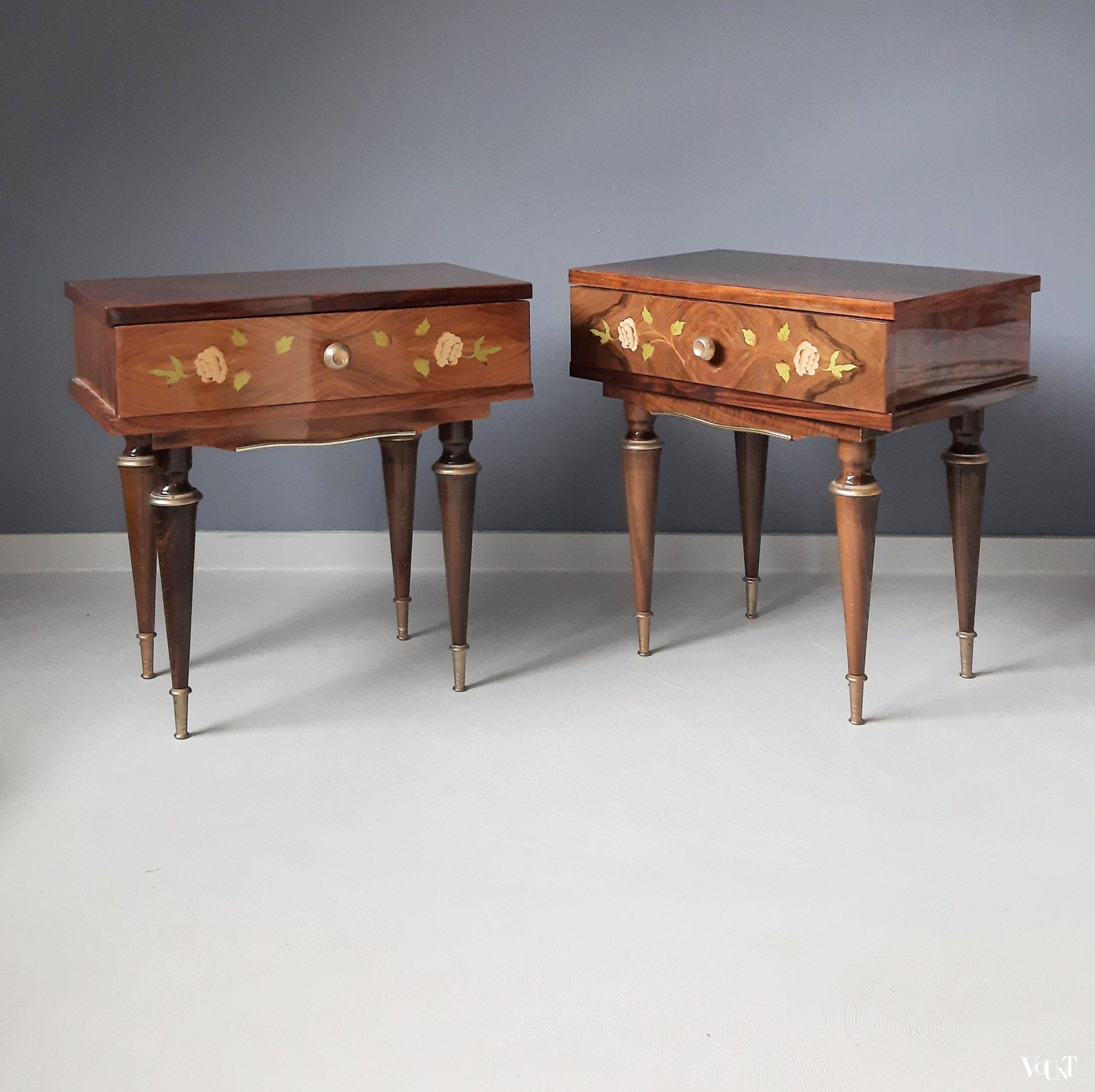 Nachtkastjes met inlegwerk, Frankrijk, jaren '70