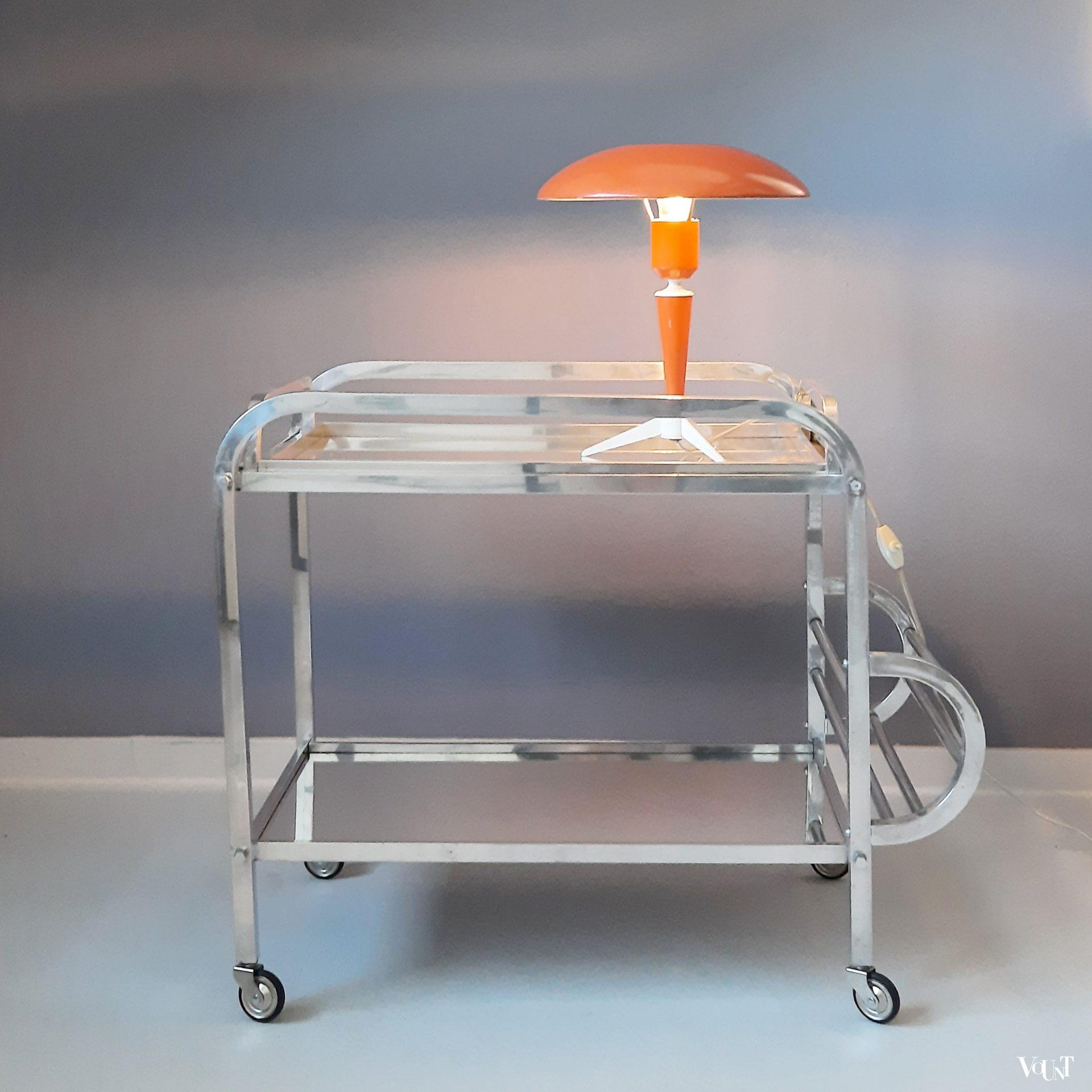 Franse art deco bar cart aluminium en spiegelglas, jaren '30