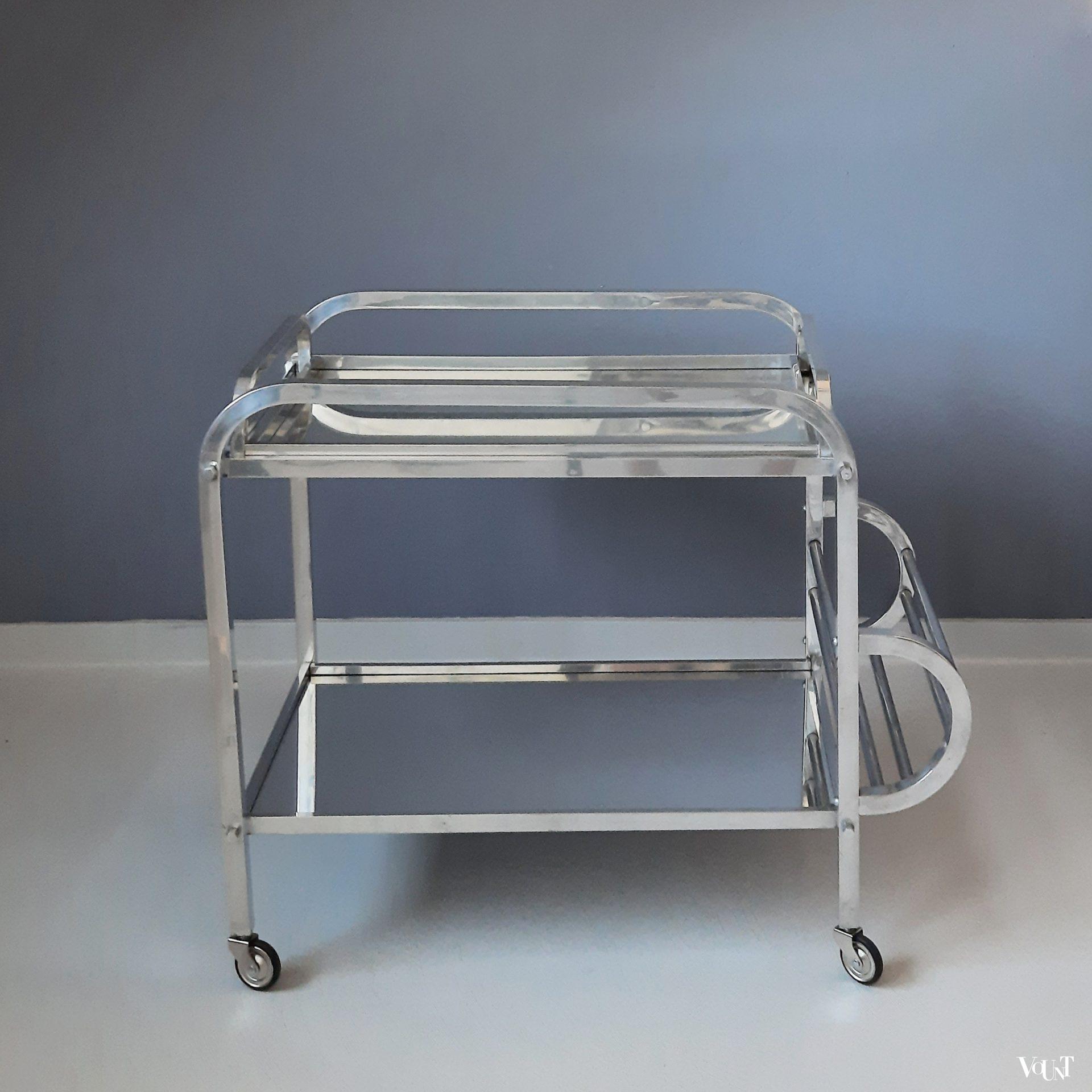 Franse art deco bar cart aluminium en spiegelglas, jaren '30