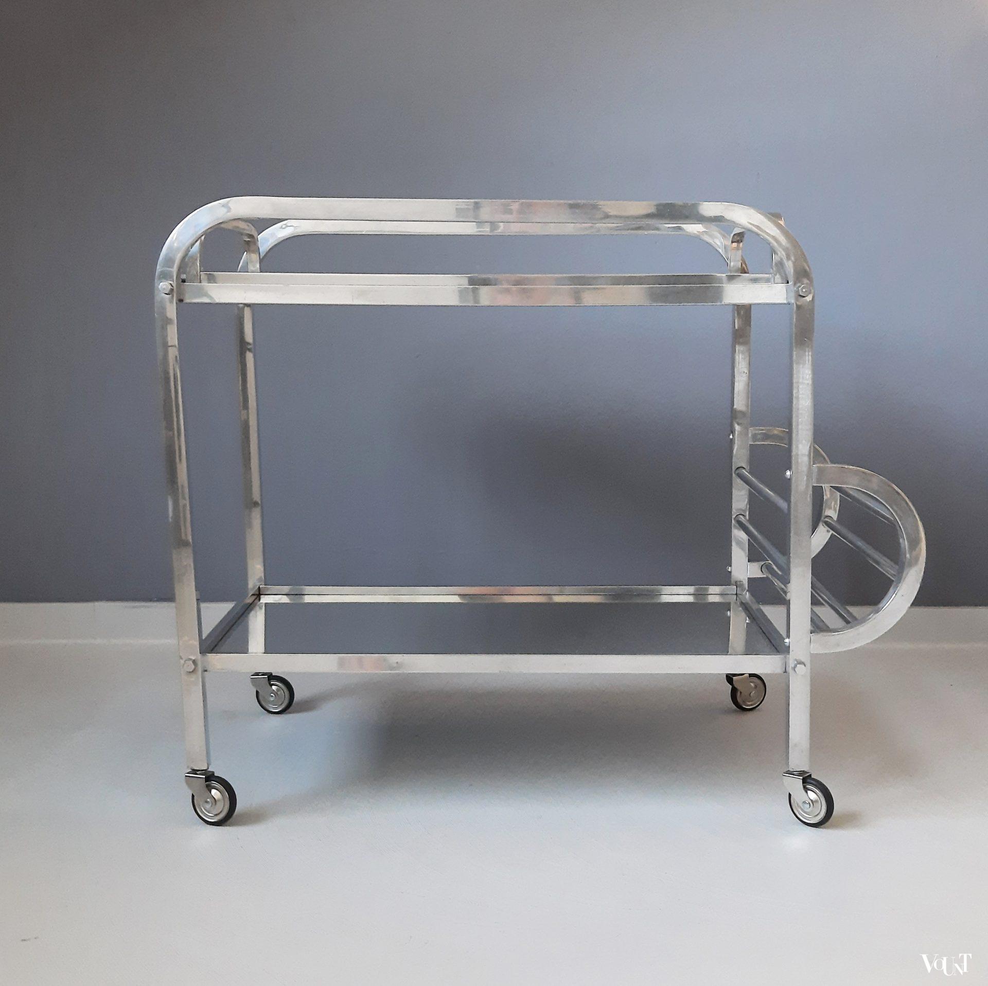 Franse art deco bar cart aluminium en spiegelglas, jaren '30