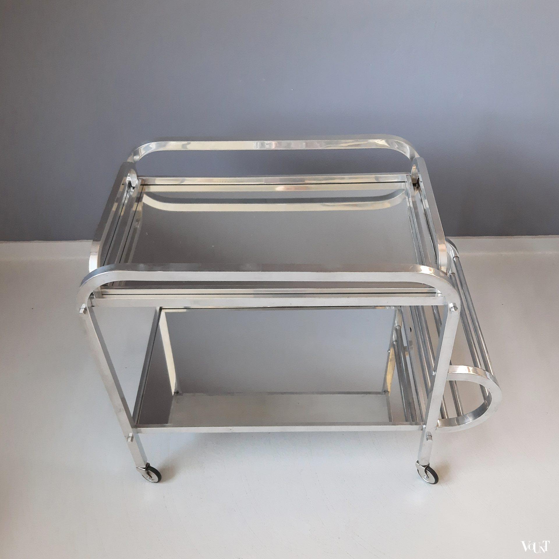 Franse art deco bar cart aluminium en spiegelglas, jaren '30