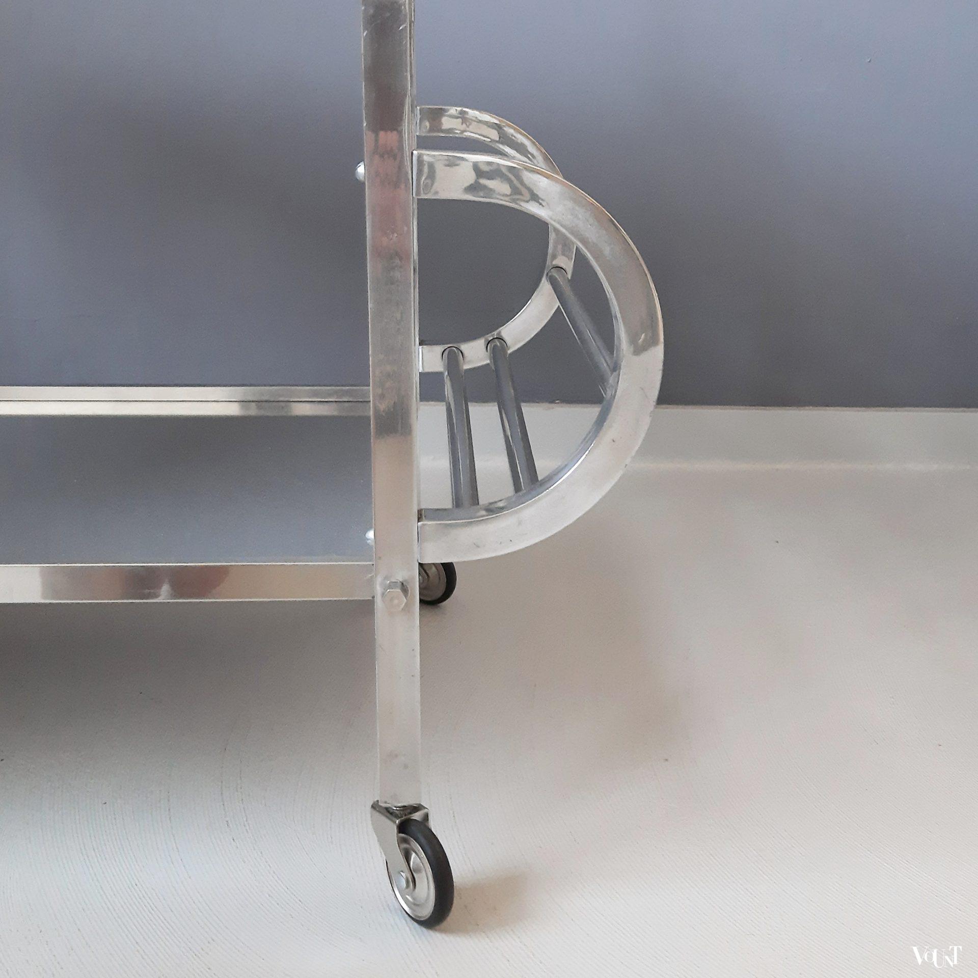 Franse art deco bar cart aluminium en spiegelglas, jaren '30