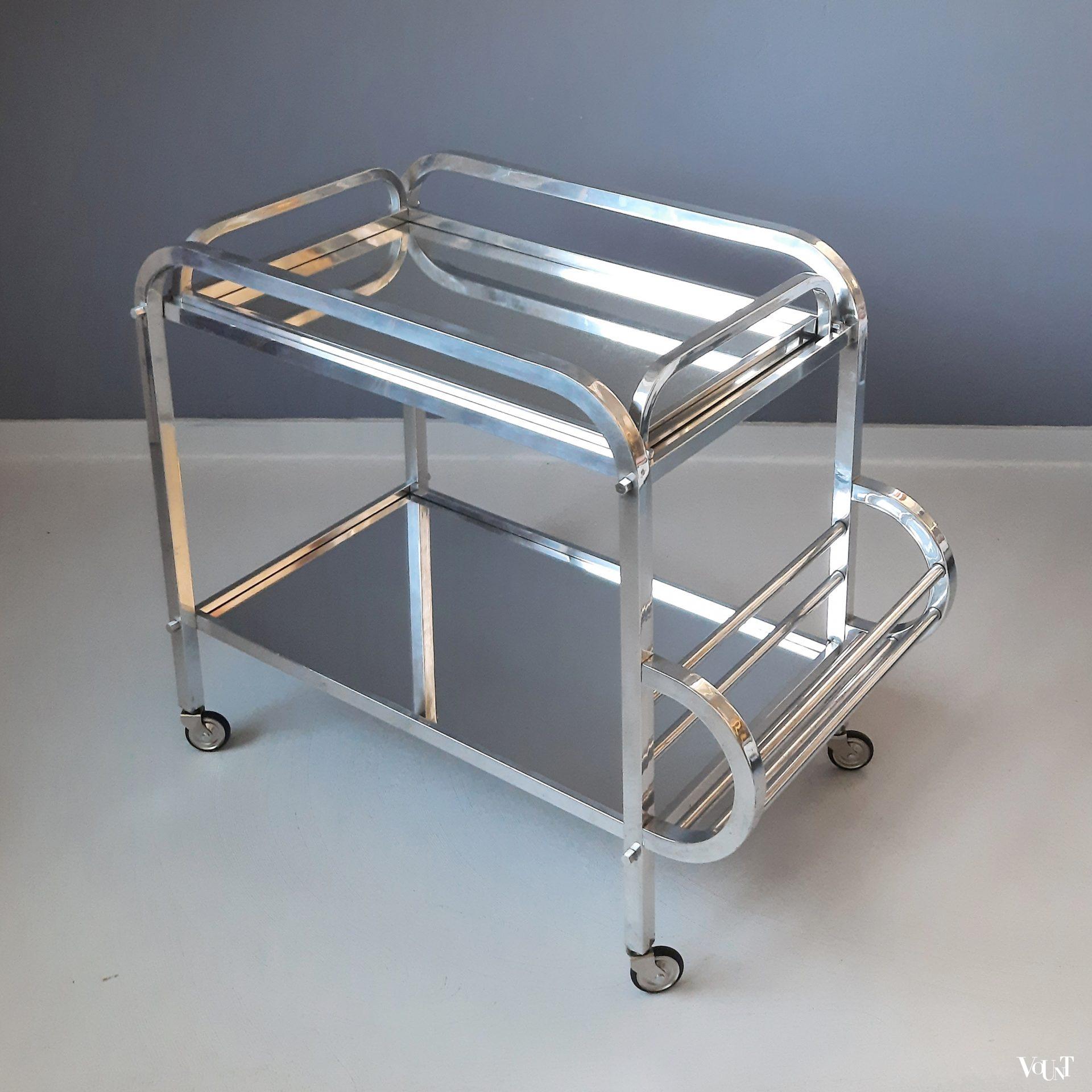 Franse art deco bar cart aluminium en spiegelglas, jaren '30