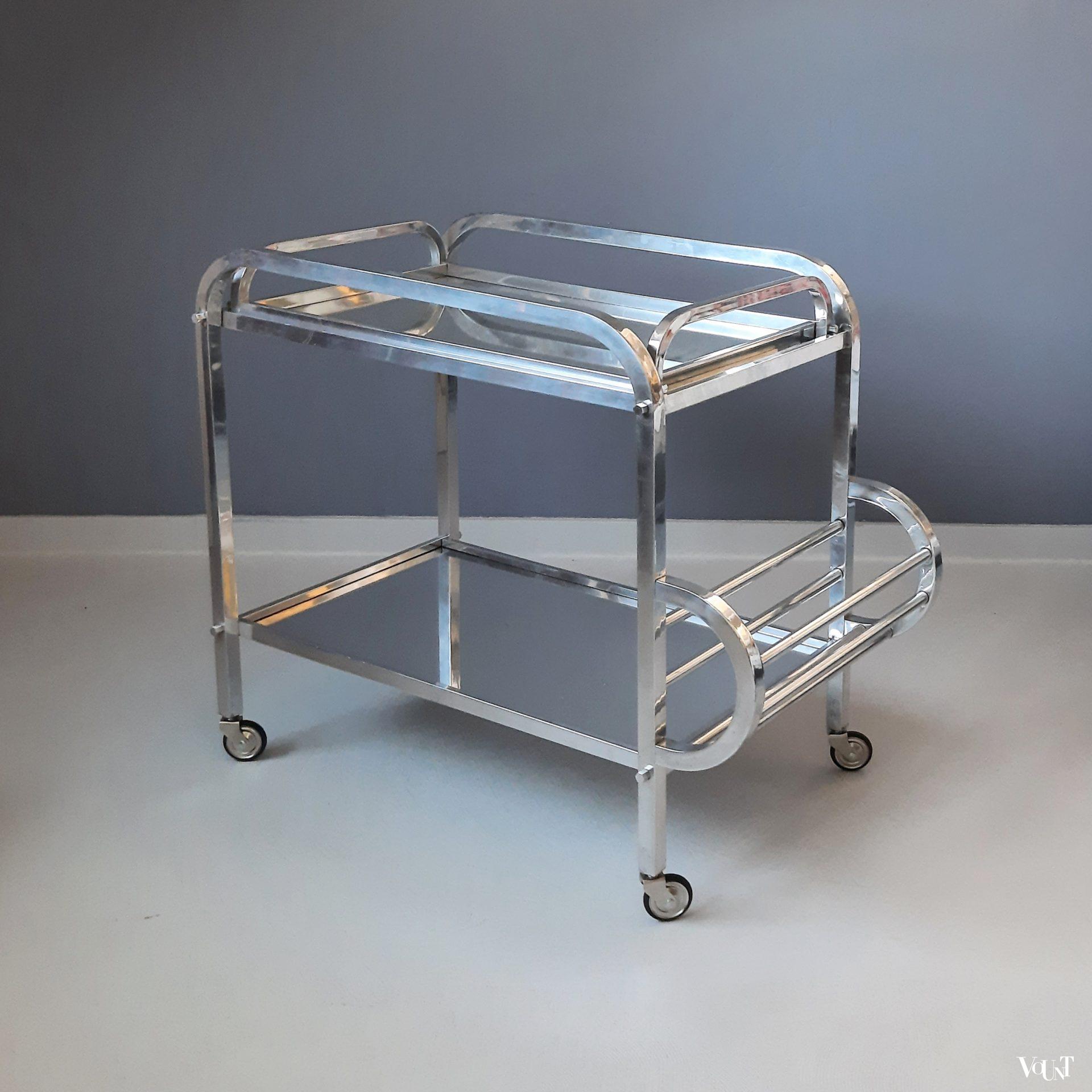 Franse art deco bar cart aluminium en spiegelglas, jaren '30