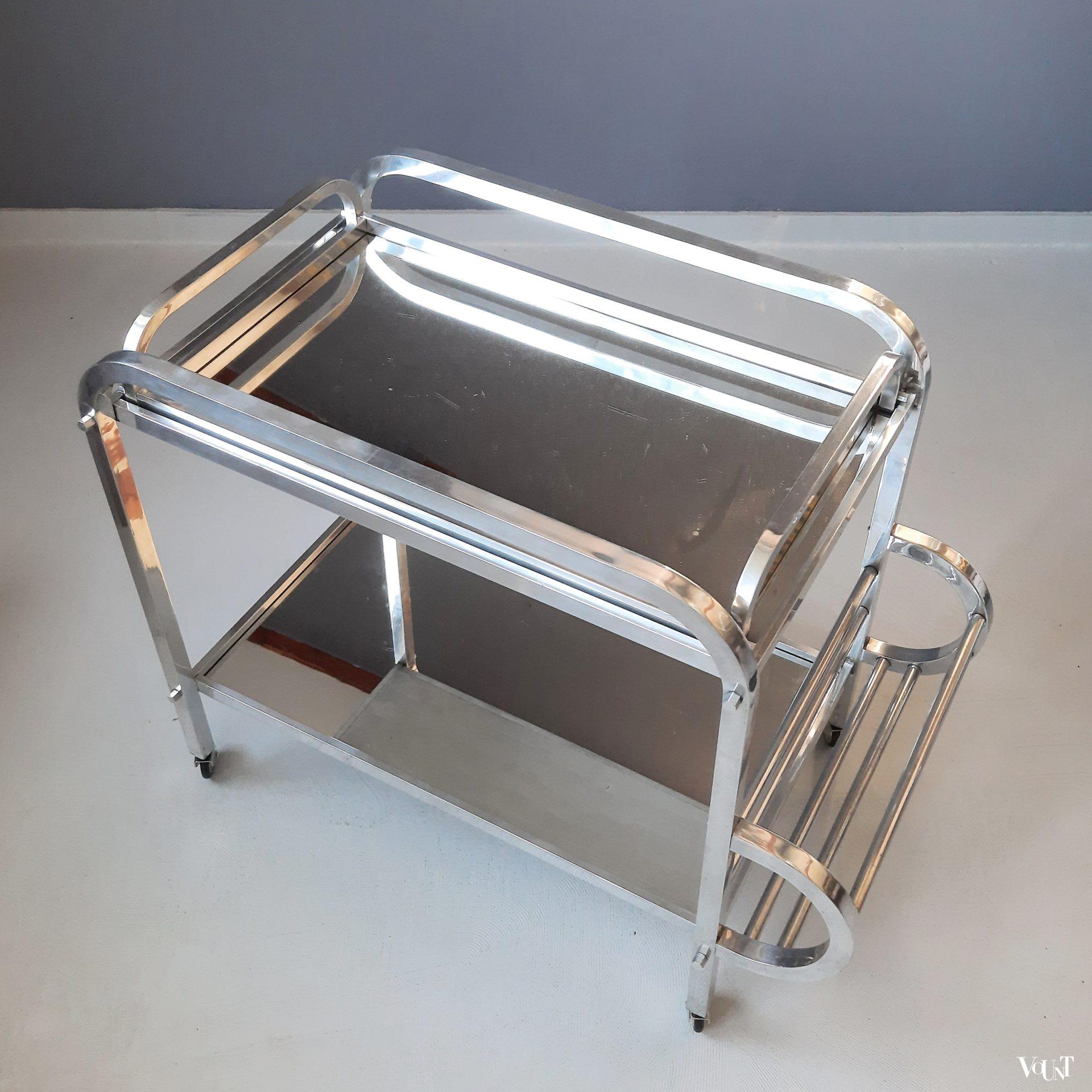 Franse art deco bar cart aluminium en spiegelglas, jaren '30