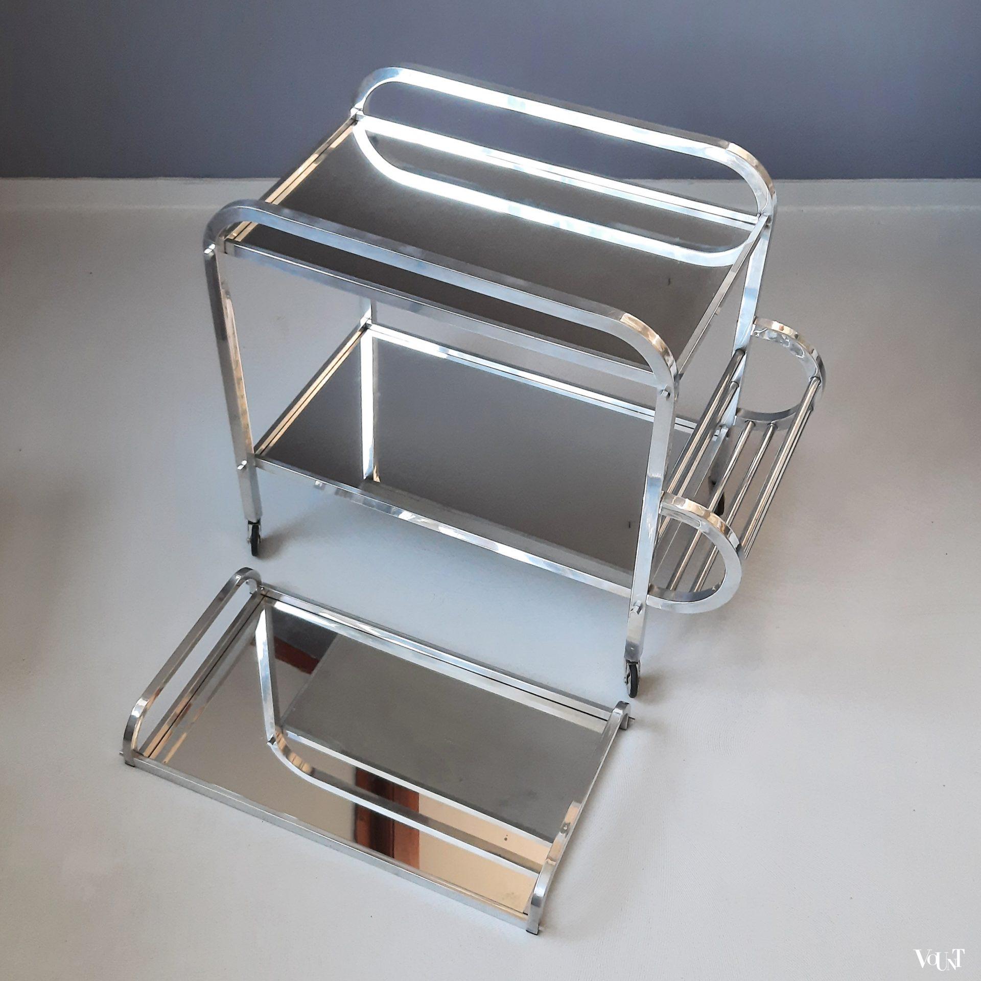 Franse art deco bar cart aluminium en spiegelglas, jaren '30