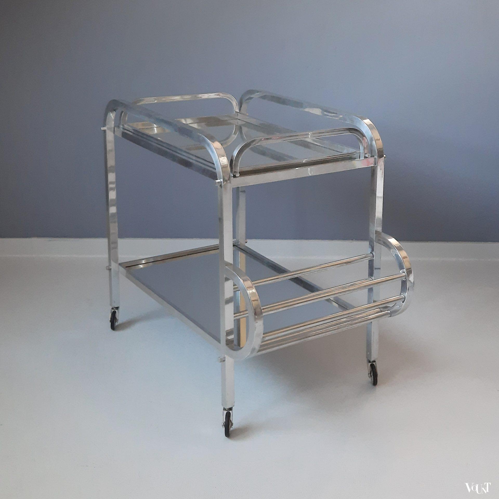 Franse art deco bar cart aluminium en spiegelglas, jaren '30